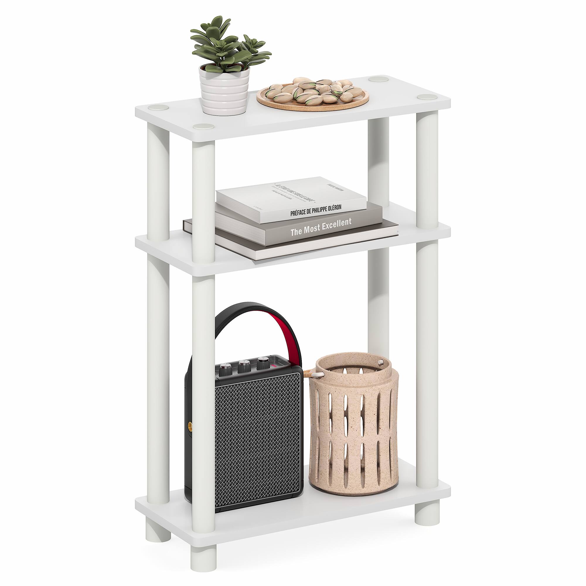 Furinno - TURN-N-TUBE Toolless Assembly Narrow Side Table, Rectangular End Table, Slim Nightstand, Night Stand, Bedside Table - White