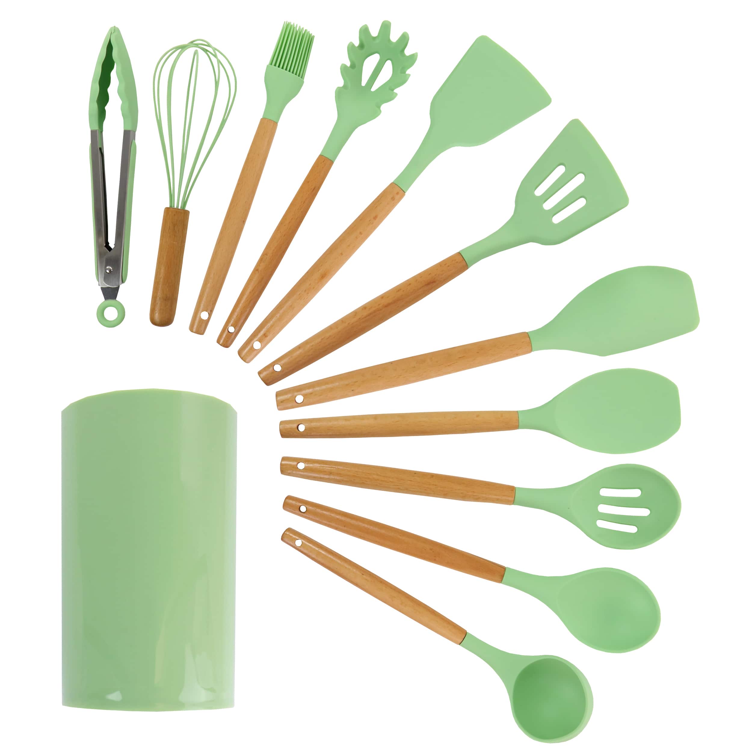 Front. MegaChef - MegaChef Mint Green Silicone and Wood Cooking Utensils, Set of 12 - Mint Green.