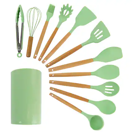 Front. MegaChef - MegaChef Mint Green Silicone and Wood Cooking Utensils, Set of 12 - Mint Green.