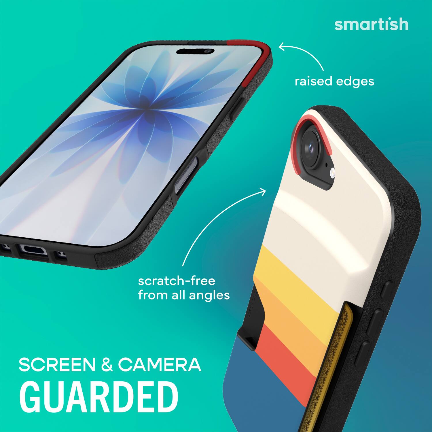 smartish  
raised edges  
scratch-free from all angles  
SCREEN & CAMERA GUARDED