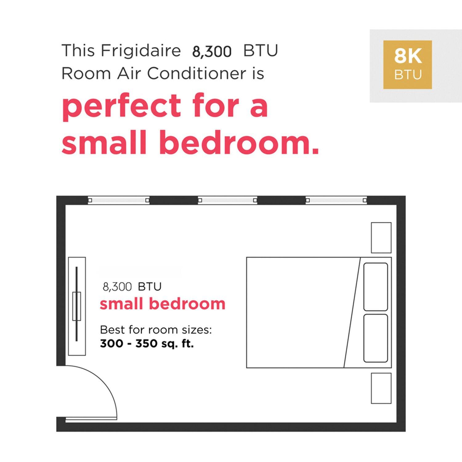 This Frigidaire 8,300 BTU Room Air Conditioner is perfect for a small bedroom. 8K BTU

8,300 BTU small bedroom

Best for room sizes: 300 - 350 sq. ft.