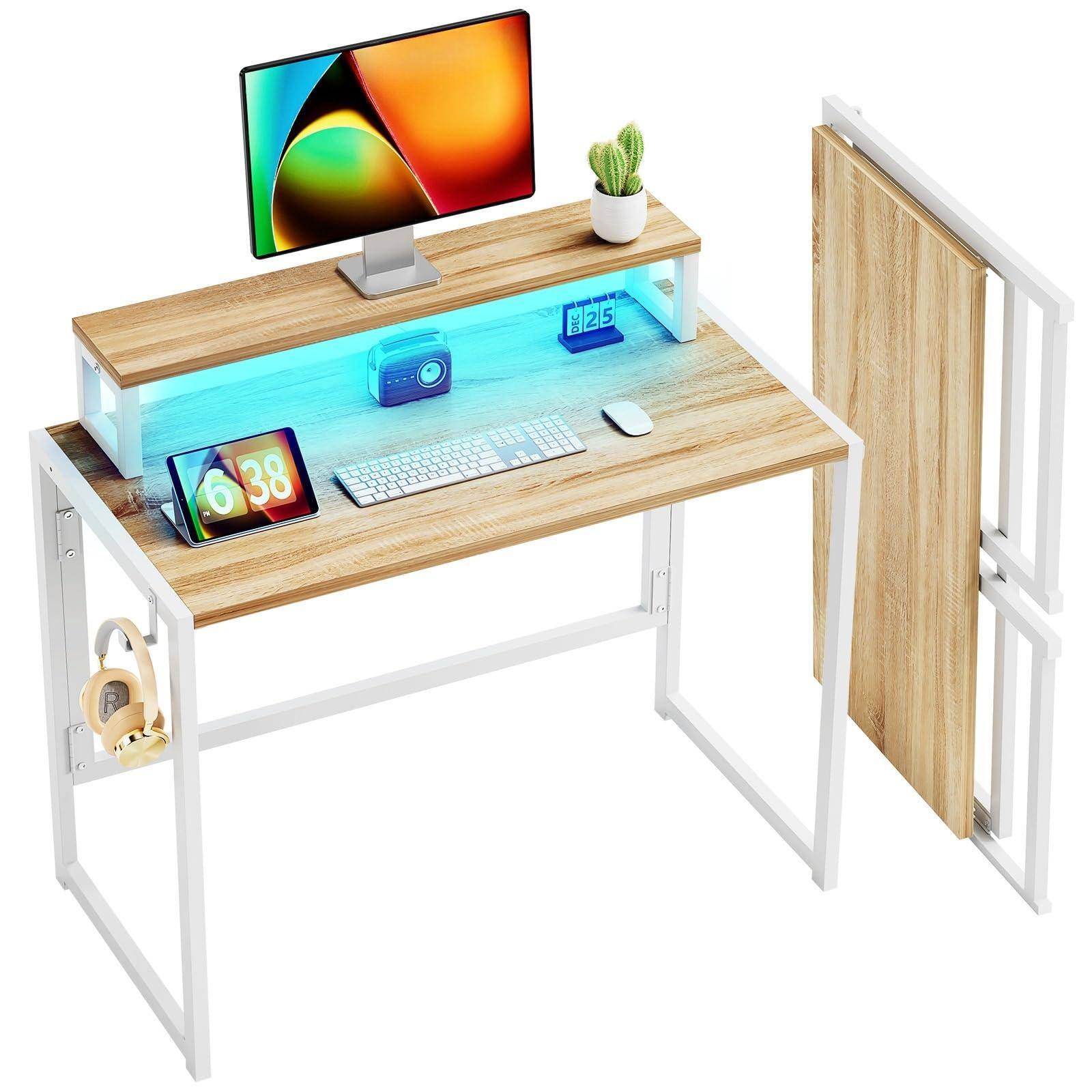 Front. Fabibe - Small Folding Desk 31.5 Inch Foldable Computer Desks With Led Lights And Monitor Stand Work Portable Table For Office De - Oak 31.5 inch.