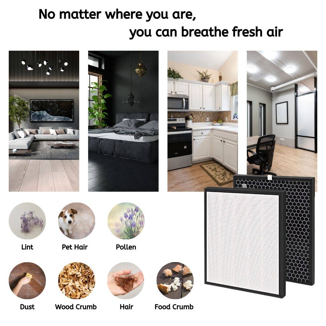 No matter where you are, you can breathe fresh air

Lint  
Pet Hair  
Pollen  
Dust  
Wood Crumb  
Hair  
Food Crumb
