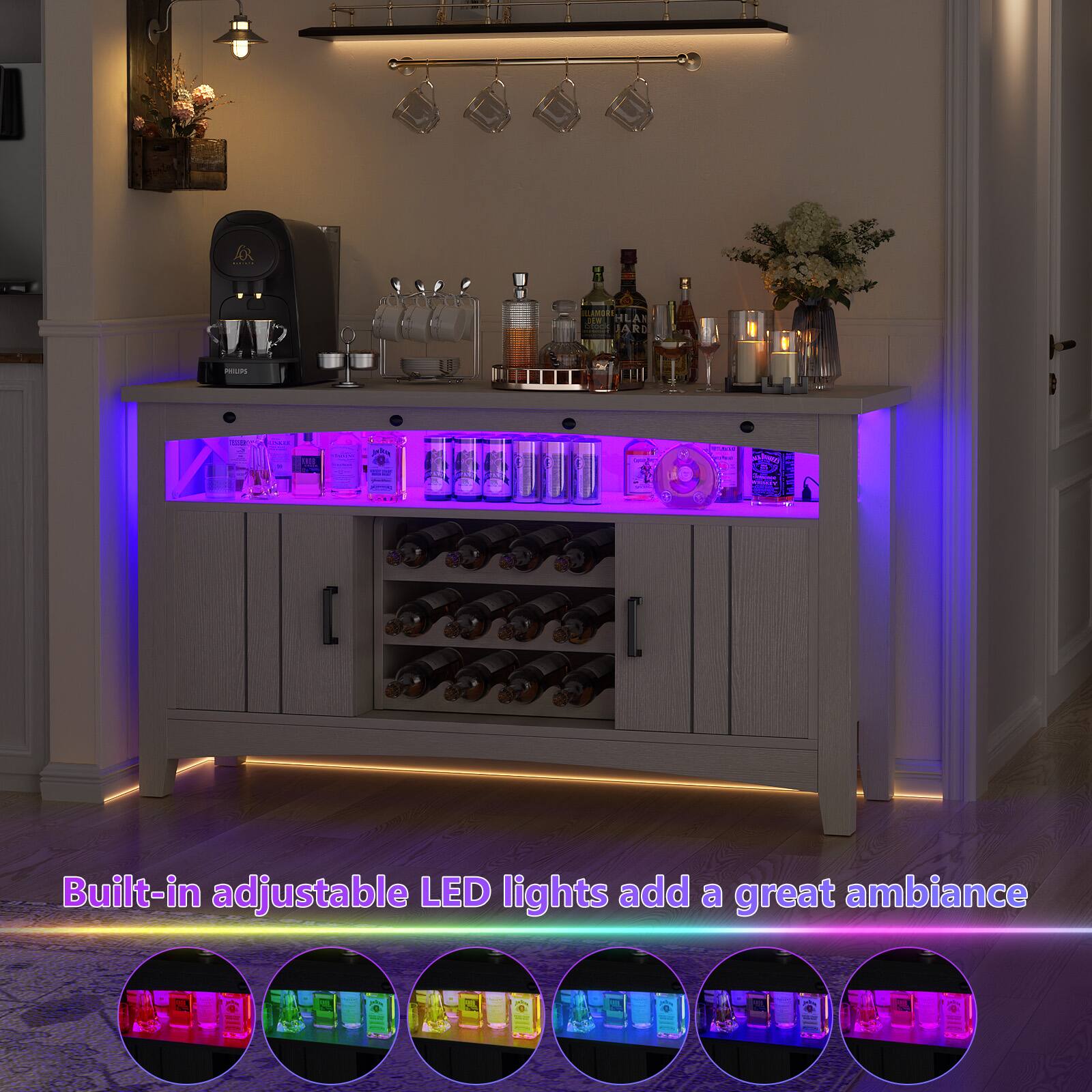 Built-in adjustable LED lights add a great ambiance