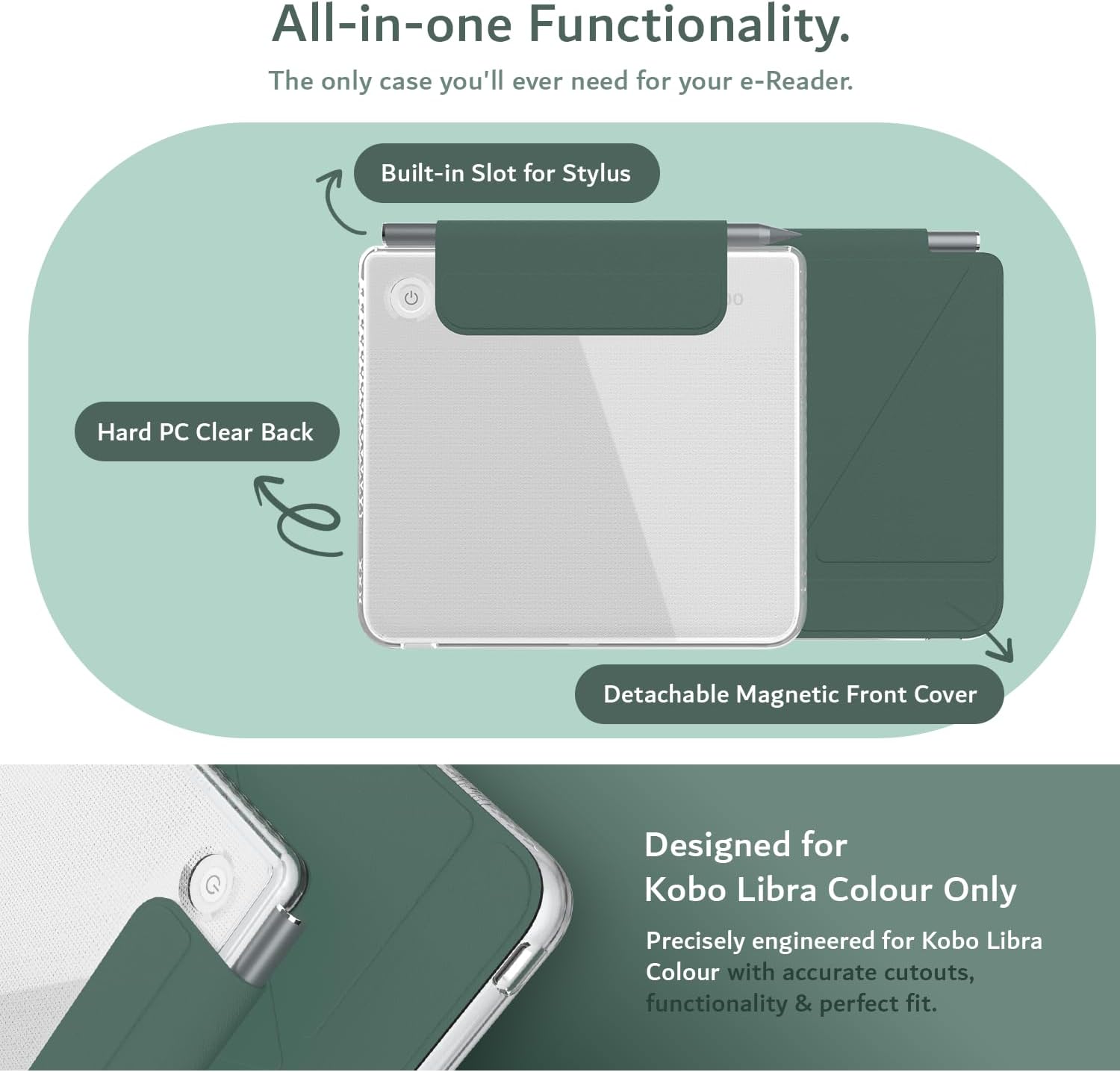 All-in-one Functionality.  
The only case you'll ever need for your e-Reader.  

Built-in Slot for Stylus  
Hard PC Clear Back  
Detachable Magnetic Front Cover  

Designed for Kobo Libra Colour Only  
Precisely engineered for Kobo Libra Colour with accurate cutouts, functionality & perfect fit.