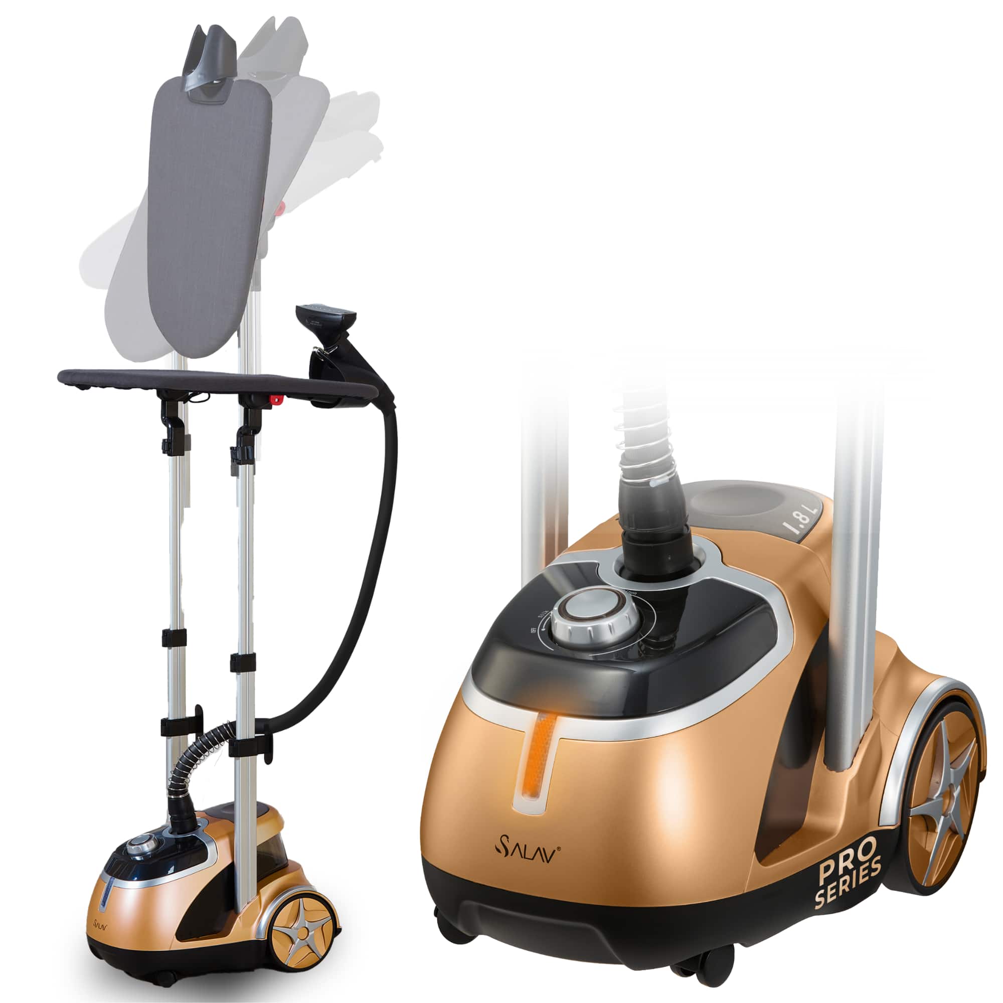 SALAV - Pro Series Dual Bar Garment Steamer With Steam Selection Dial And Rotatable Ironing Board - GOLD