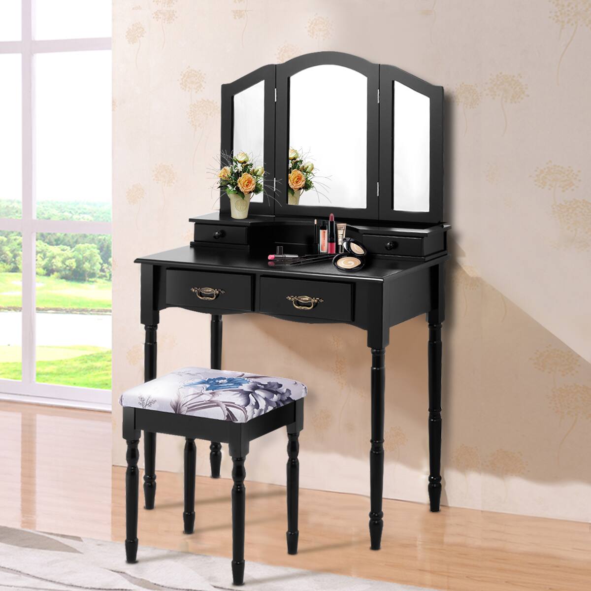 Alt View 1. Gymax - Gymax Vanity Makeup Dressing Table Stool Set w/ Folding Mirror 4 Drawers Black - Black.