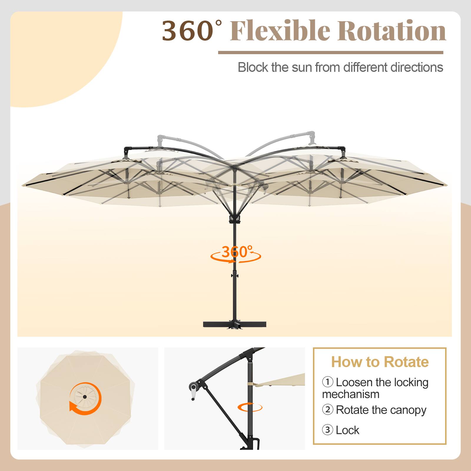 360° Flexible Rotation
Block the sun from different directions

How to Rotate
1. Loosen the locking mechanism
2. Rotate the canopy
3. Lock