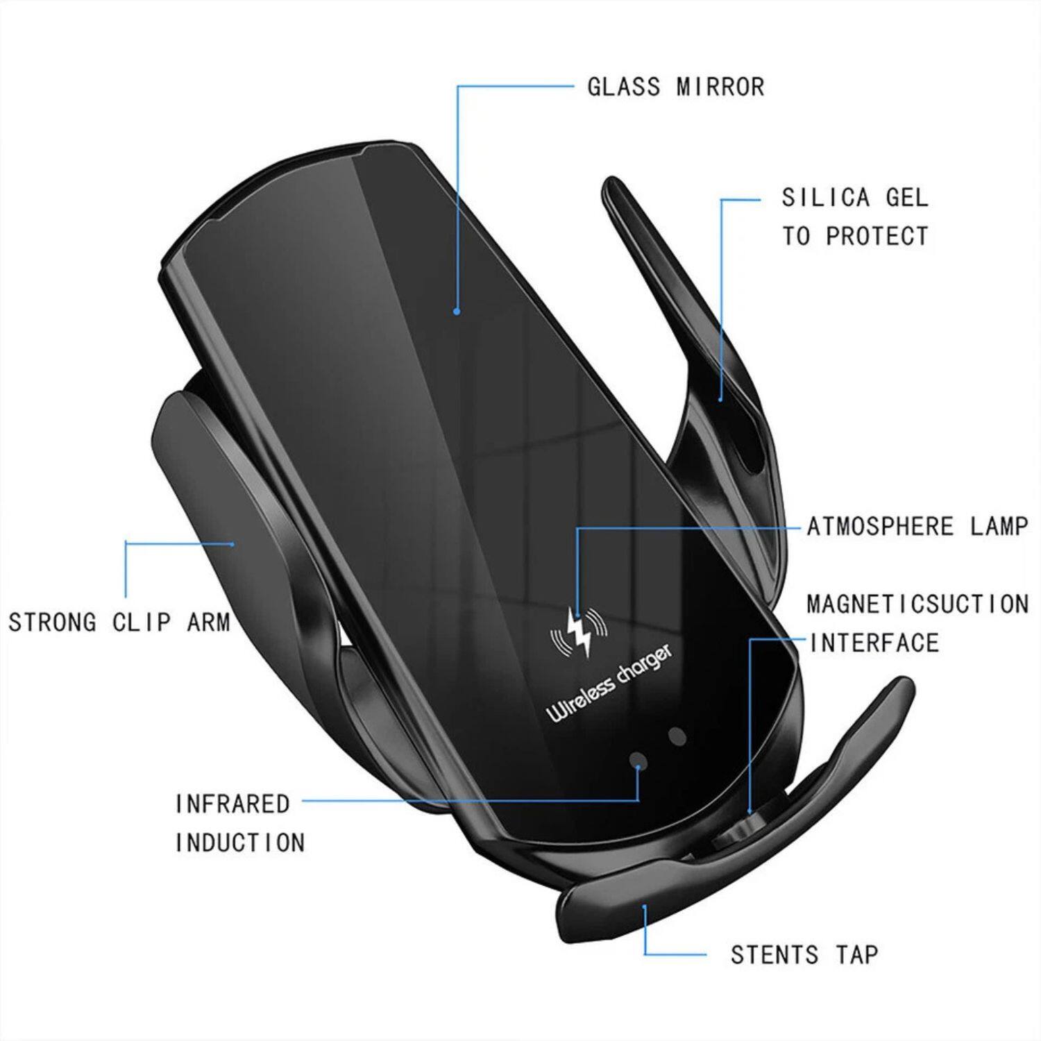 GLASS MIRROR  
SILICA GEL TO PROTECT  
ATMOSPHERE LAMP  
STRONG CLIP ARM  
MAGNETIC SUCTION INTERFACE  
INFRARED INDUCTION  
STENTS TAP