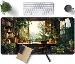 Fabibe - Anime Aesthetic Black Cat Forest Plant Desk Mat Green Sage Xxl Large Extended Mouse Pad Gaming Cute Cats Laptop And - Green Plant Lovers