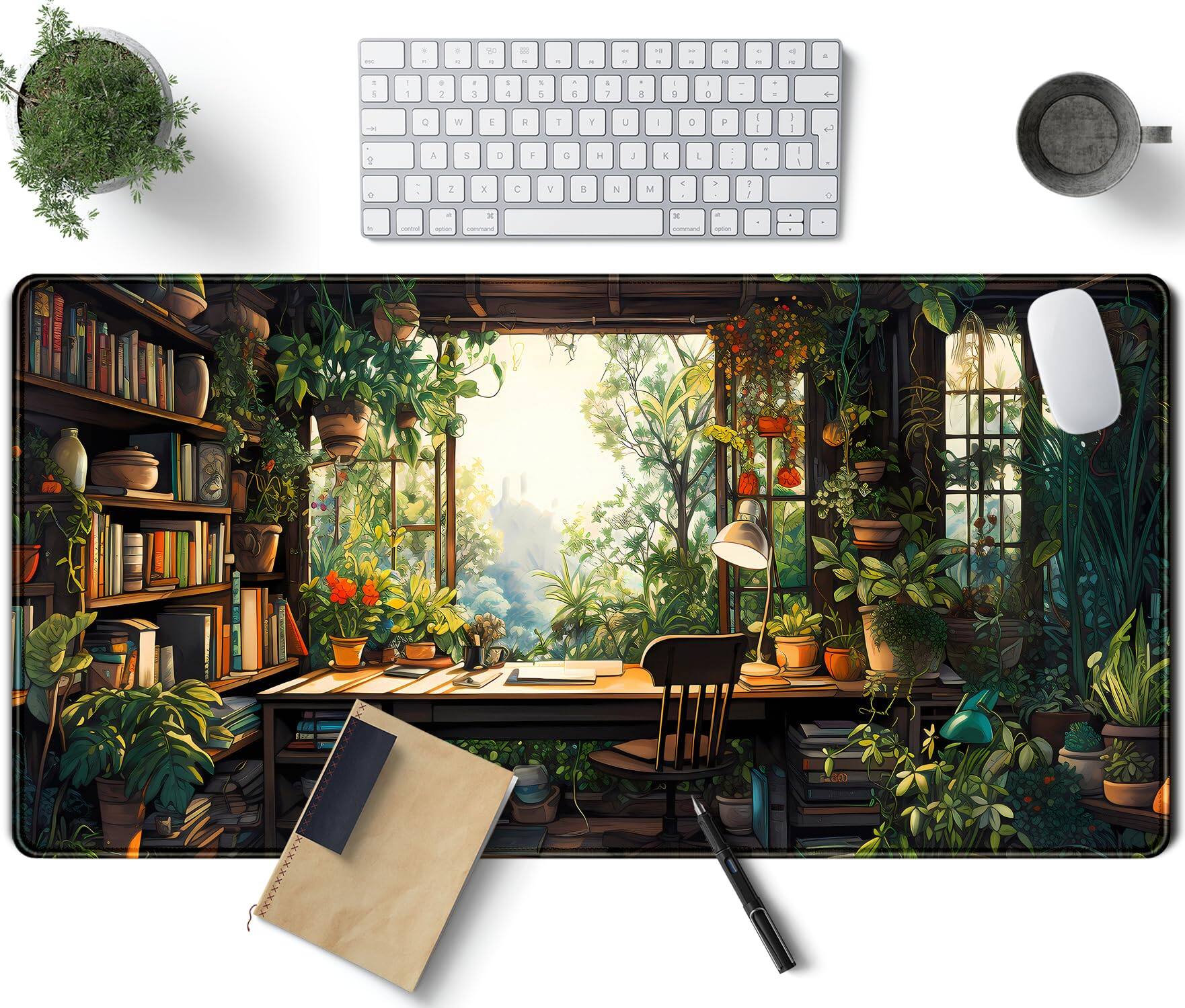 Front. Fabibe - Anime Aesthetic Black Cat Forest Plant Desk Mat  Green Sage Xxl Large Extended Mouse Pad Gaming Cute Cats Laptop And ... - Green Plant Lovers.