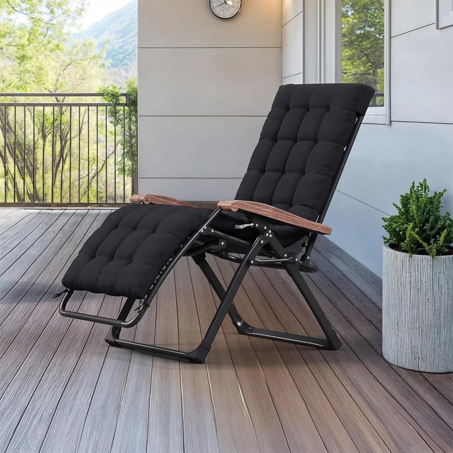 Front. PURPLE LEAF - Widened Patio Reclining Chair Zero Gravity Chaise Lounge Folding Chair with Removable Cushion Adjustable Headrest - Black.