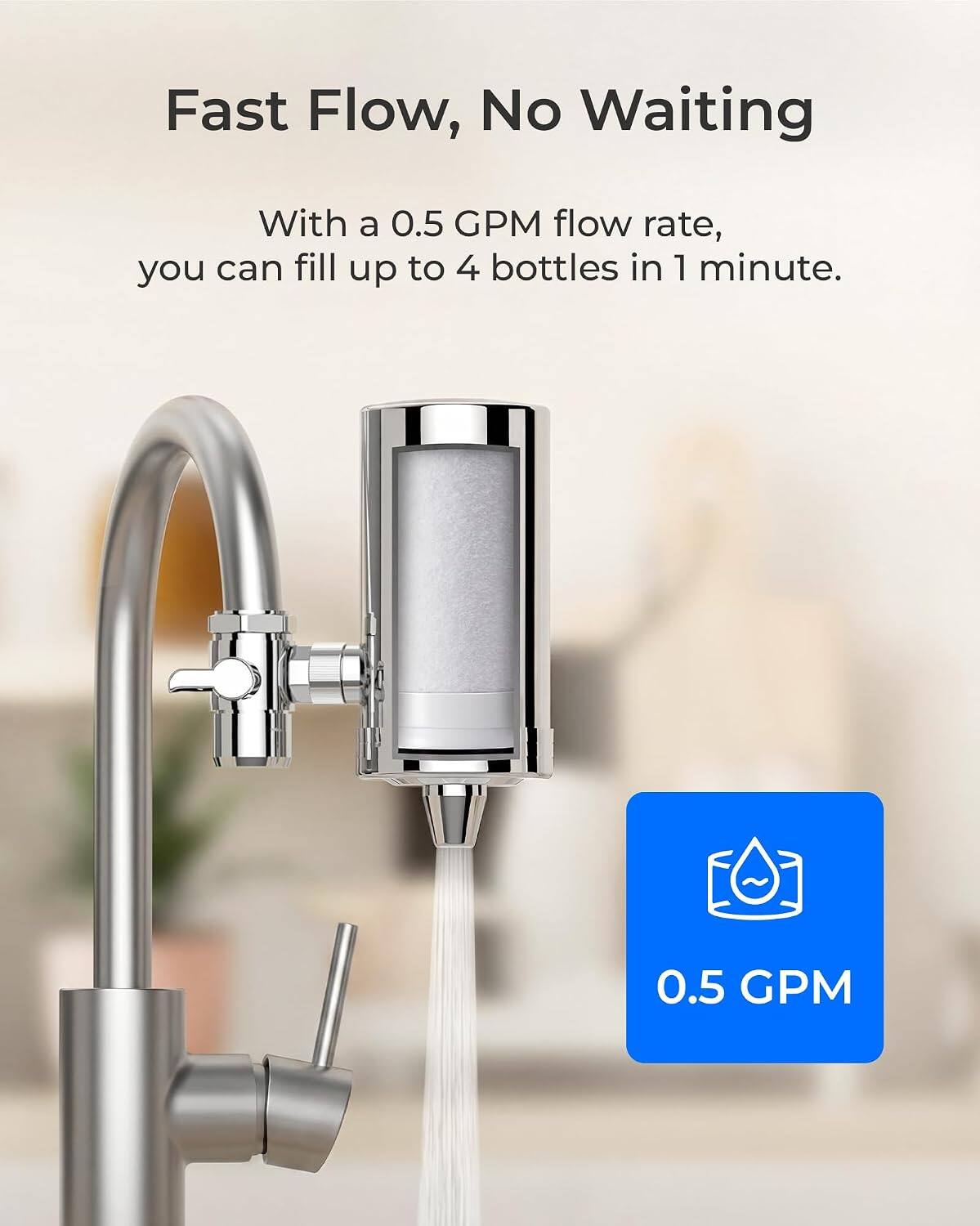 Fast Flow, No Waiting

With a 0.5 GPM flow rate, you can fill up to 4 bottles in 1 minute.

0.5 GPM