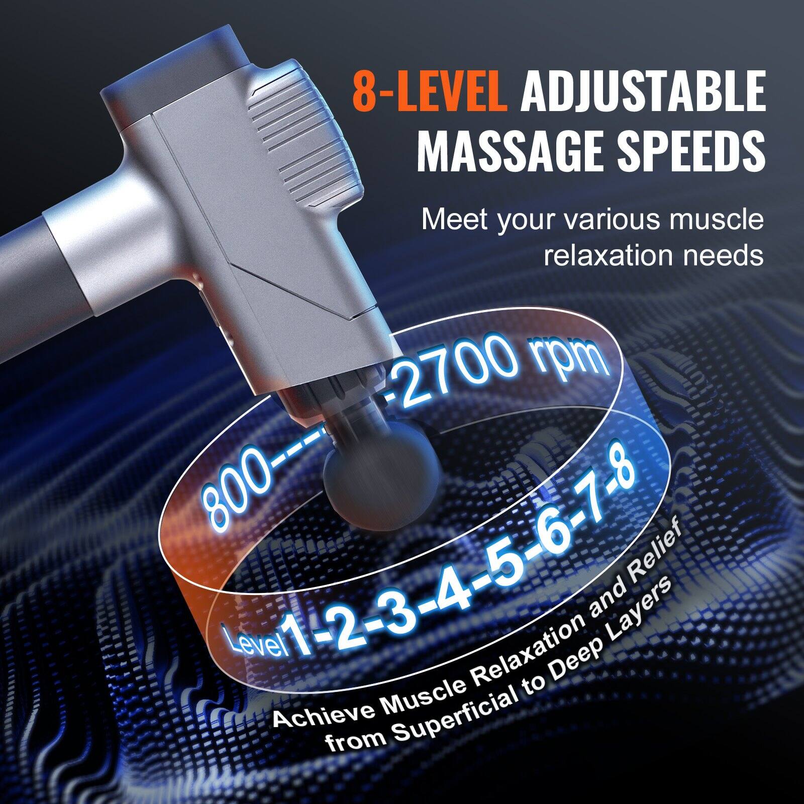 8-LEVEL ADJUSTABLE MASSAGE SPEEDS  
Meet your various muscle relaxation needs  

2700 rpm  
800–2700 rpm  

Level 1-2-3-4-5-6-7-8  
Achieve Muscle Relaxation and Relief from Superficial to Deep Layers