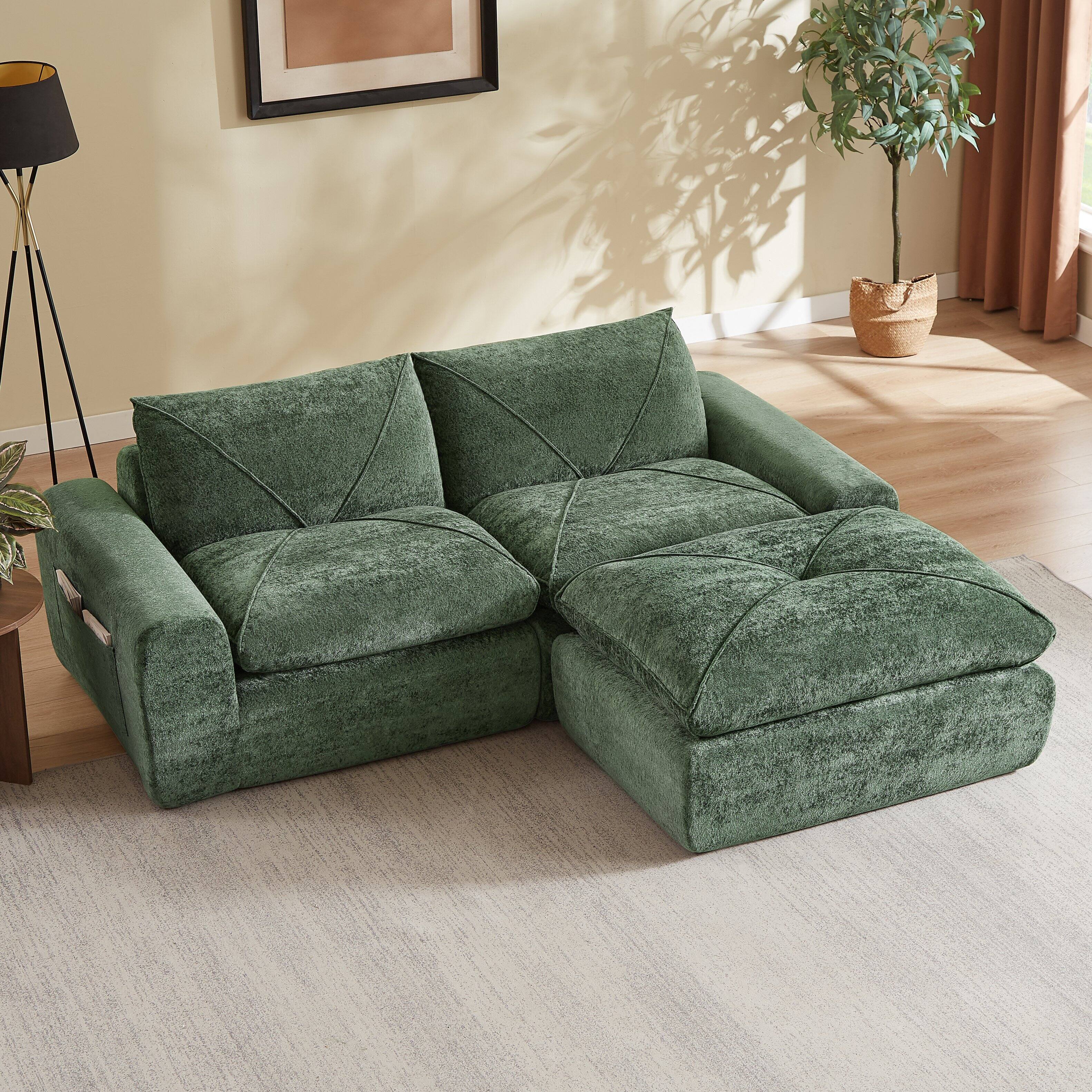 Angle. Loheer - Loheer Modern Minimalist Chenille Sectional Sofa with Ottoman Spacious Living Room Couch for Apartments - Green.