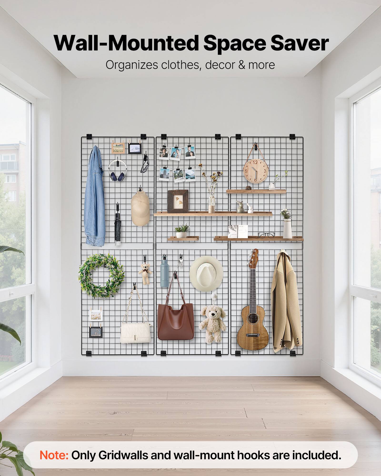 Wall-Mounted Space Saver  
Organizes clothes, decor & more  

Note: Only Gridwalls and wall-mount hooks are included.