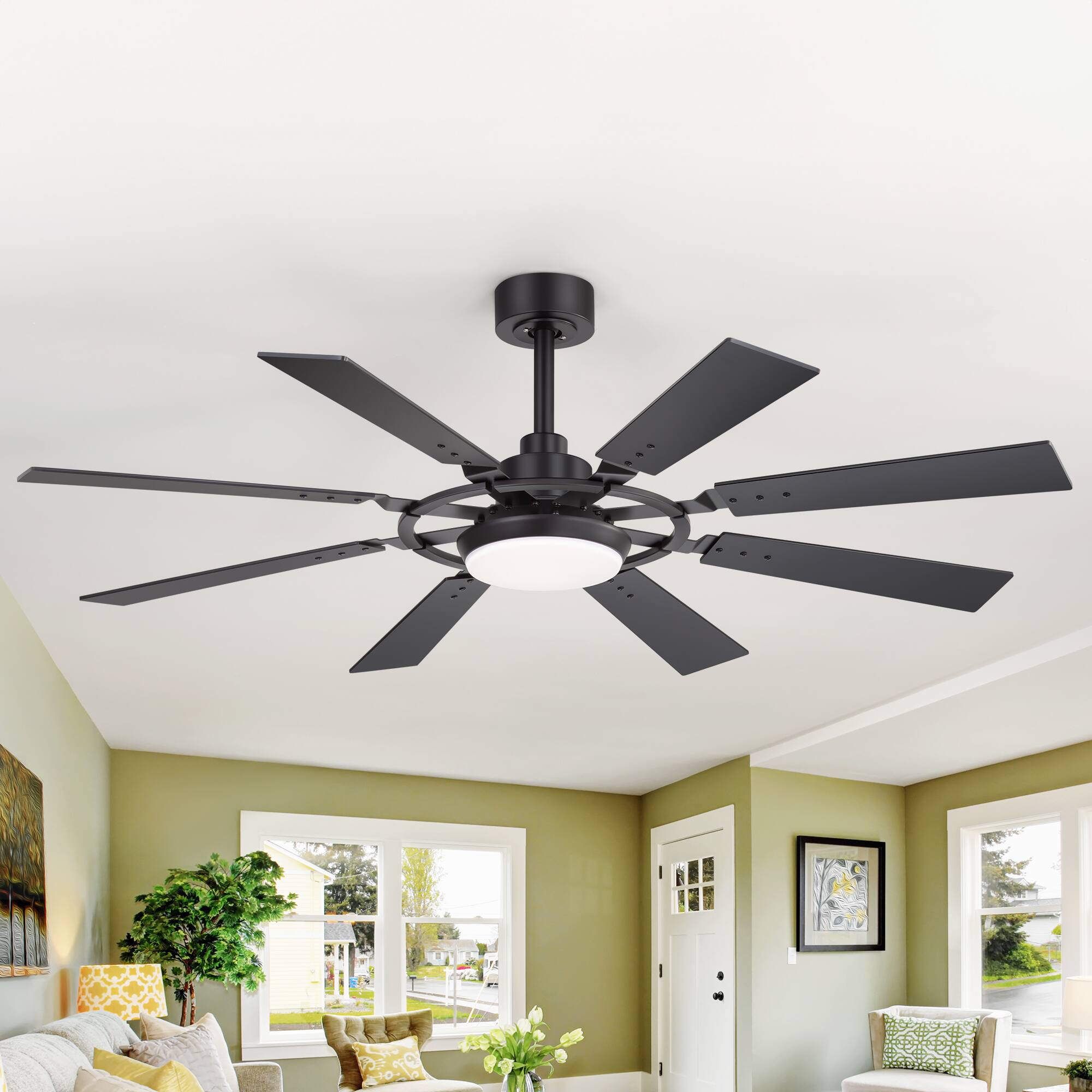 Back. Breezary - 52'' Large Ceiling Fan with 3-Color LED Light, 6-Speed DC Motor, Remote& 4″/8″ Downrods, Timer, 8 ABS Blades - Matte Black.