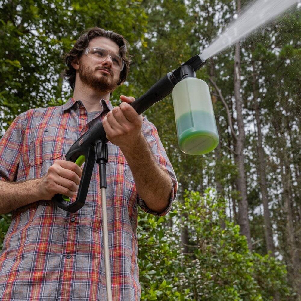 Alt View 1. Greenworks - Open Box Greenworks 1900 PSI 1.2 GPM Electric Pressure Washer with 11" Surface Cleaner and Soap Applicator Combo Kit - Green.