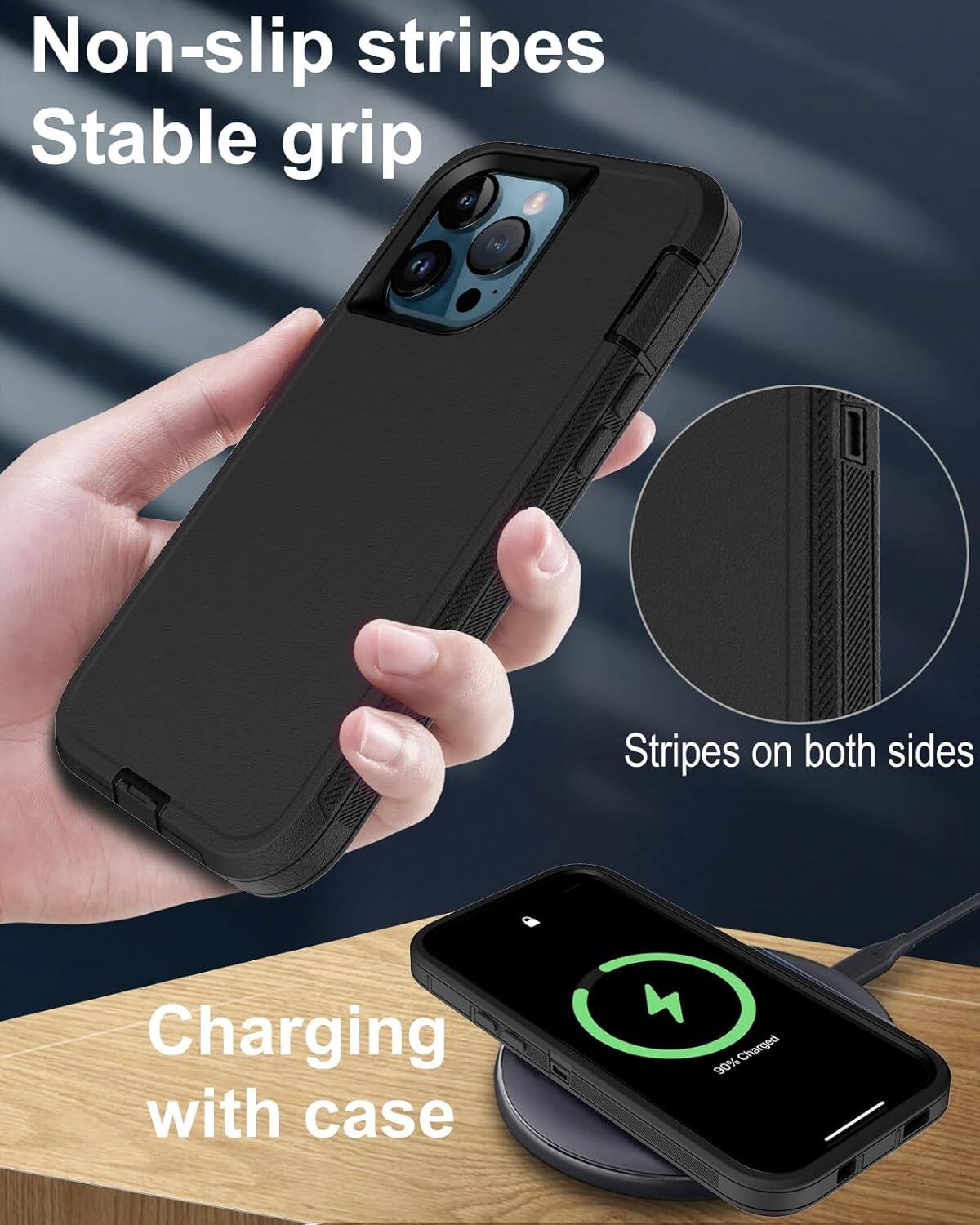 Non-slip stripes, Stable grip, Stripes on both sides, Charging with case, 90% Charged
