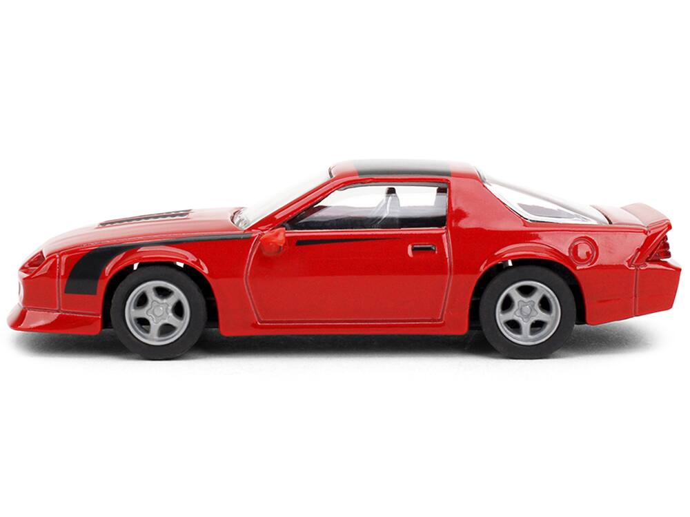 Angle. Majorette - 1985 Chevrolet Camaro Red with Black Top and Stripes "Collection" Series 1/64 Diecast Model Car by Majorette - Red with Black.