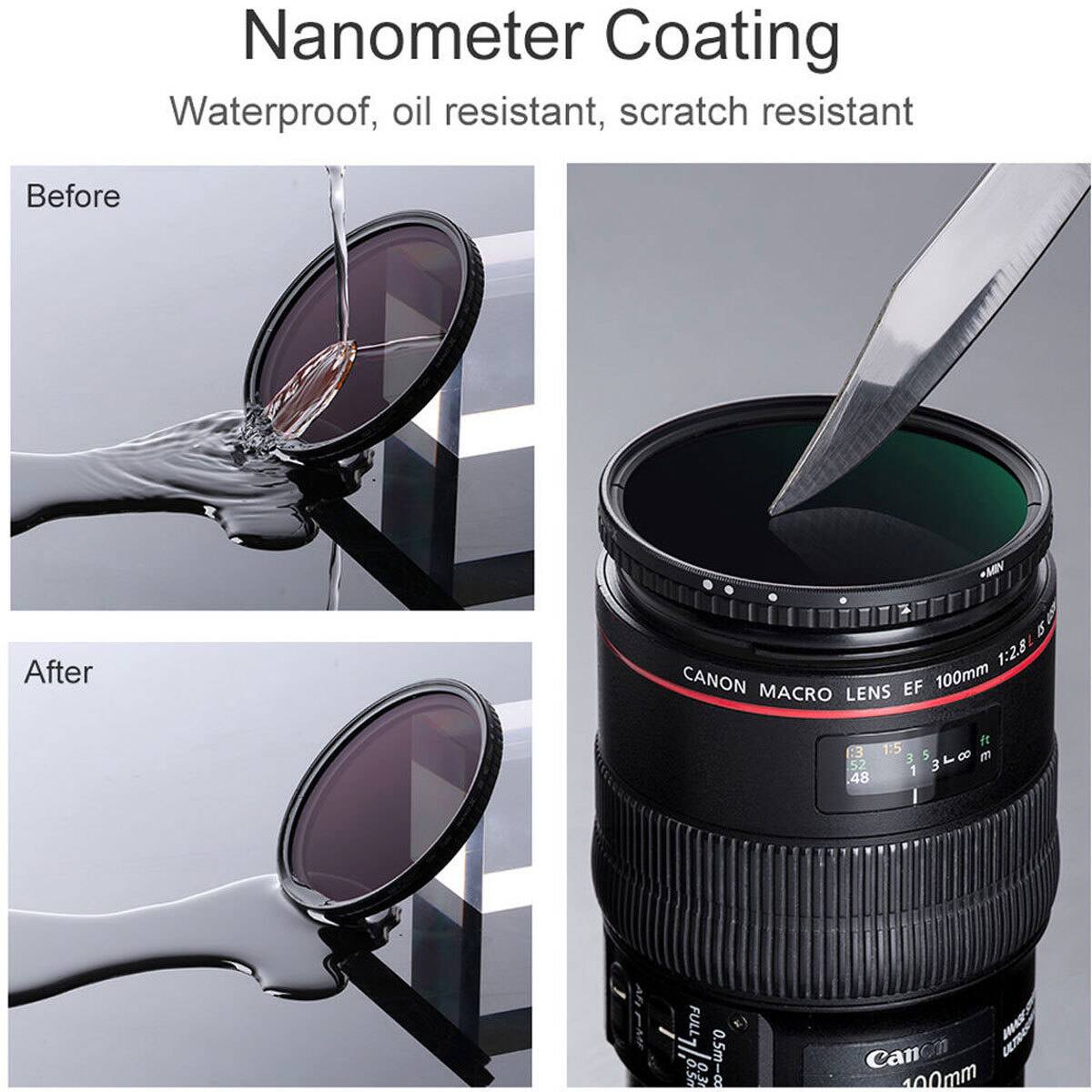 Nanometer Coating  
Waterproof, oil resistant, scratch resistant  

Before  
After  

CANON EF 100mm MACRO LENS  
f: 1:5  
1:5  
0.5m - ∞  
CANON  
100mm
