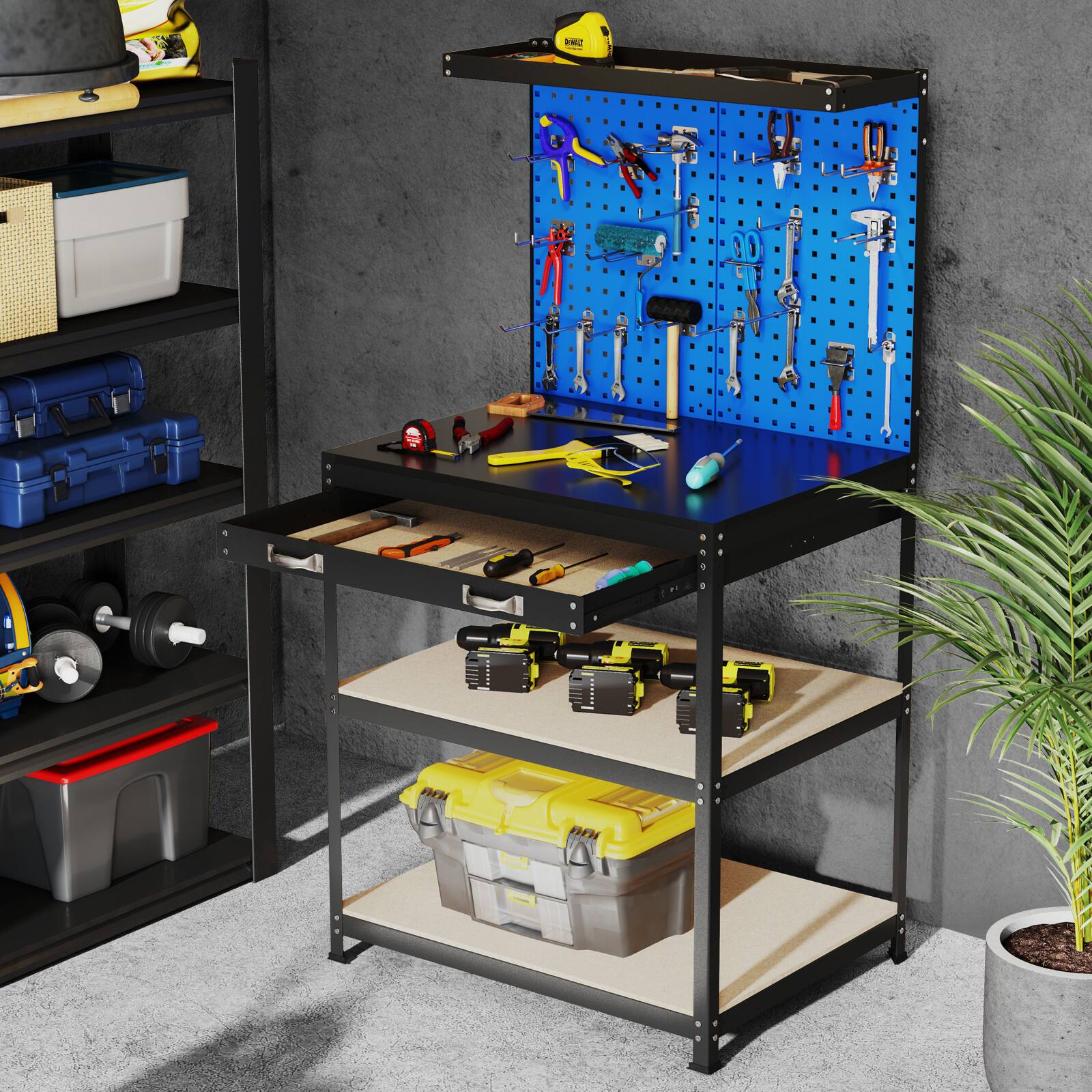 SlickBlue 32 x 16 Inch Workbench Work Table with 2 PCs Pegboard Drawer ...