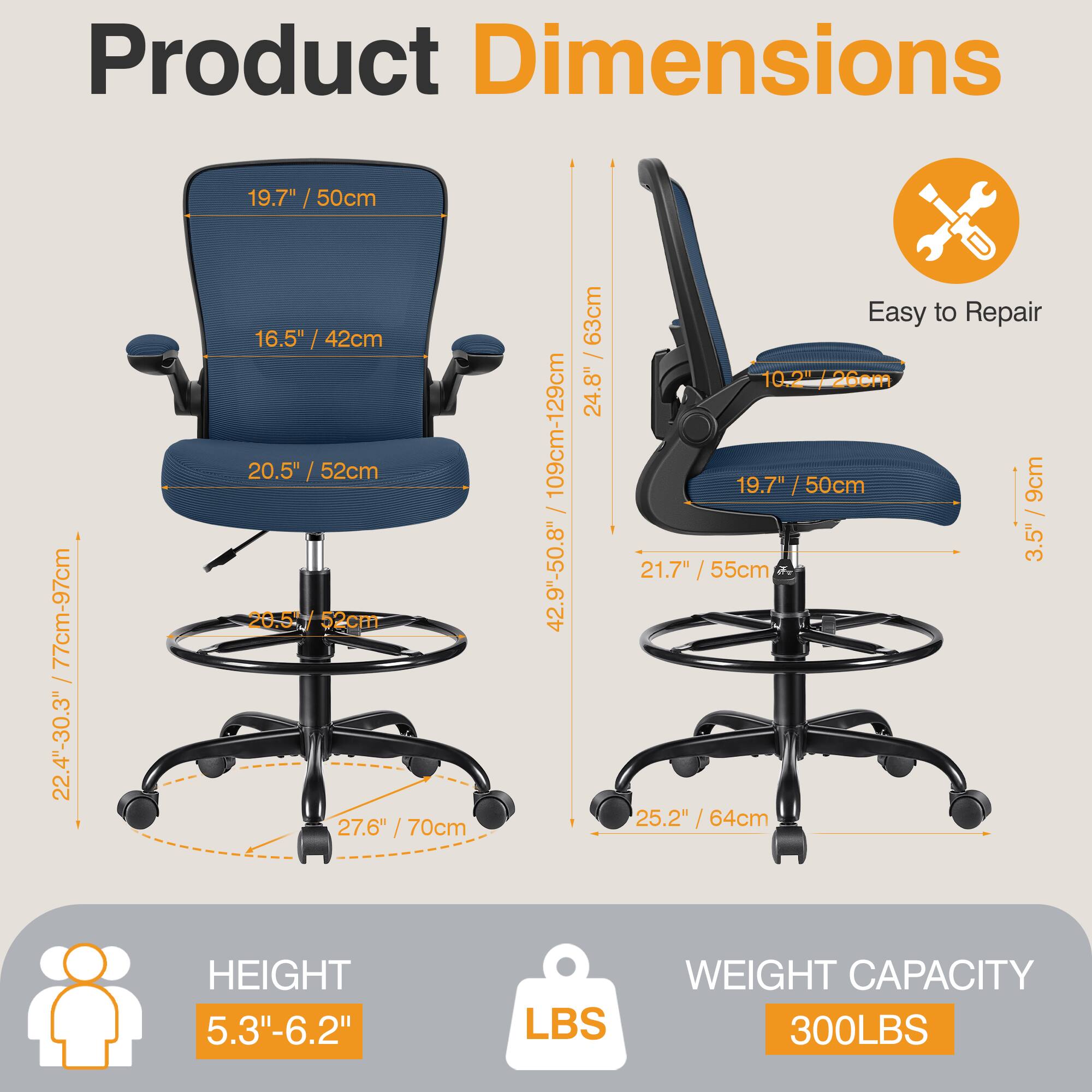 Product Dimensions: 19.7" / 50cm, 16.5" / 42cm, 20.5" / 52cm, 10.2" / 26cm, 24.8", 19.7" / 50cm, 9cm, 22.4"-30.3", 109cm-129cm, 42.9"-50.8", 63cm, 27.6" / 70cm, 3.5", 21.7" / 55cm, 25.2" / 64cm
HEIGHT: 5.3"-6.2"
WEIGHT CAPACITY: 300LBS
Easy to Repair