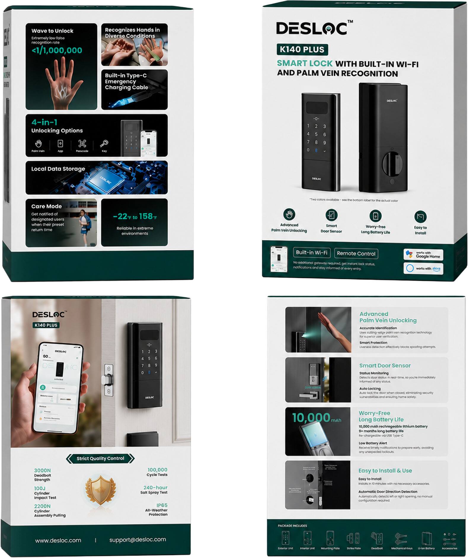 Wave to Unlock Recognizes Hands in Diverse Conditions Extremely - taton recogrition rate <1/1,000,000 Built-in Type-C Emergency Charging Cable TM DESLOC K140 PLUS SMART LOCK WITH BUILT-IN WI-FI AND PALM VEIN RECOGNITION NILA 4-in-1 Unlocking Options - - Local Data Storage DEN FC - Care Mode Den notified designated users when Dee preset Feturn time -22 to 158 Relialte estreme environments - COROr Advanced Smort Podm Viali Uniocking Essenvaor a - Worry-free Leng Borery Tory Instol Built-in Wi-FI Remote Control  golanty PRSUPIA ntore - E Aosfratons Vy Ilurmed Bay www  Google Home - ar DESLOC K140 PLUS Advanced Palm Vein Unlocking Accurote eScation - s Sechplogy 0 -L Smmian Protemin IaReN SAOURS spooting Smart Door Sensor SAELAS Monitering - - - UN tocking ameuting -oing sacurity voet 10,000 mAh Worry-Free Long Battery Life