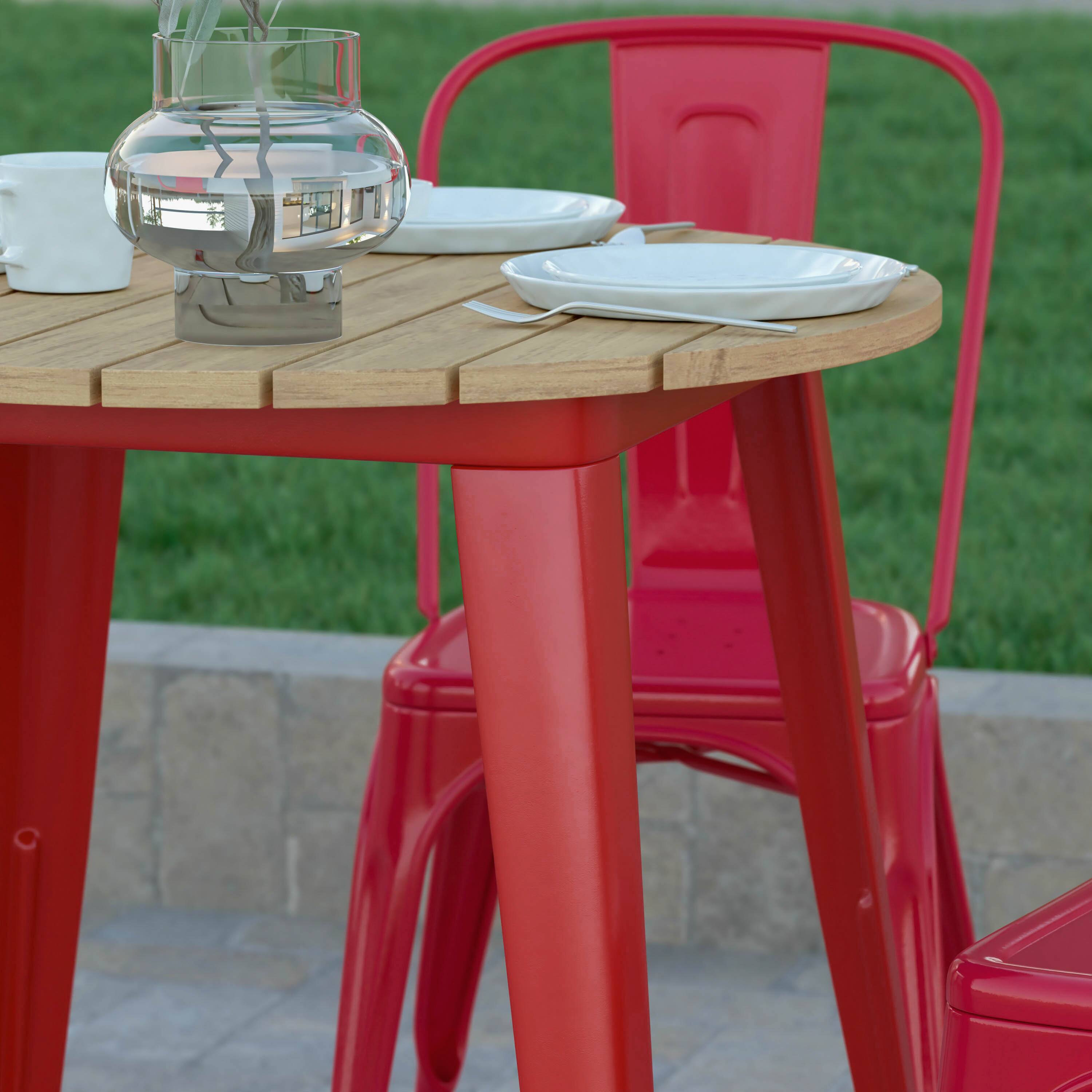 Alt View 4. Emma + Oliver - Drew Indoor/Outdoor Dining Table, 30" Round All Weather Poly Resin Top with Steel Base - Brown Top/Red Frame.