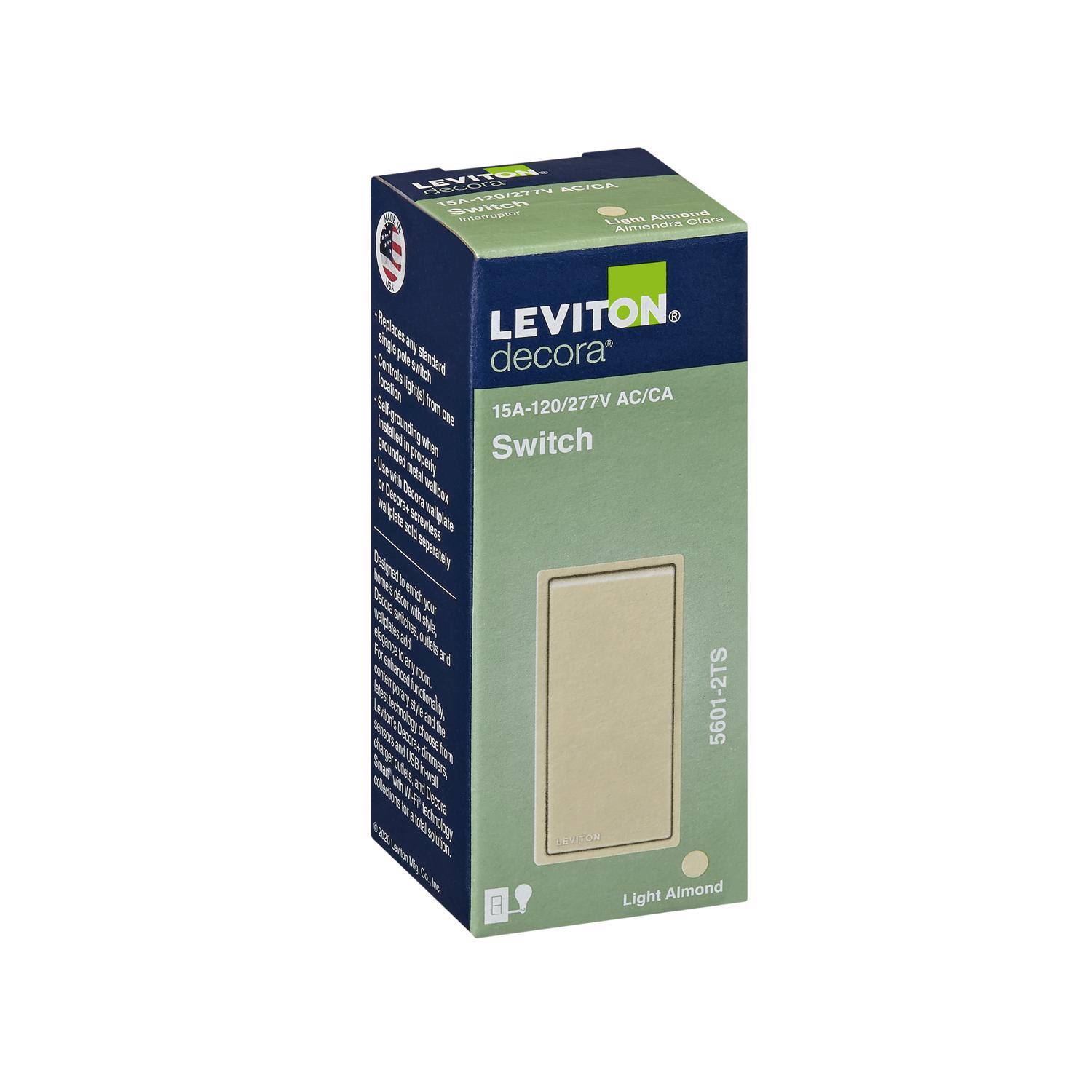 LEVITON  
decora  
15A-120/277V AC/CA  
Switch  
Light Almond  
5601-2TS  

LEVITON  
decora  
15A-120/277V AC/CA  
Switch  
Light Almond  
5601-2TS  

- Replaces any standard single-pole switch  
- Controls up to 15A  
- Designed for use in residential and commercial applications  
- Easy to install and maintain  
- Durable and reliable  
- UL Listed  

Made in USA  

LEVITON  
decora  
15A-120/277V AC/CA  
Switch  
Light Almond  
5601-2TS