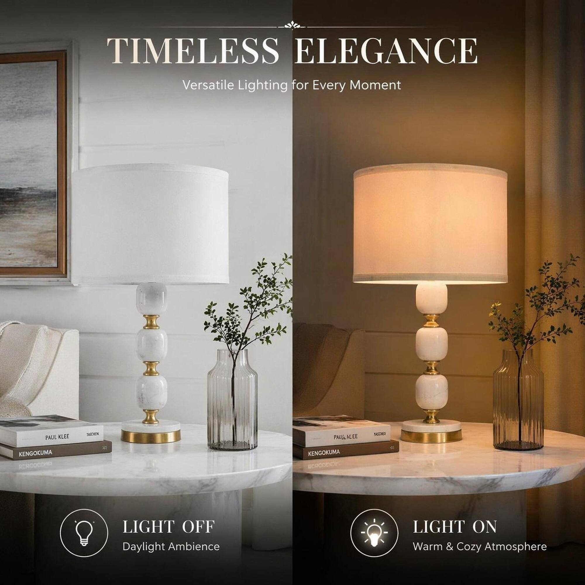 TIMELESS ELEGANCE  
Versatile Lighting for Every Moment

PAUL KLEE  
KROX  
PAUL KLEE  
KOB  
KENGOKUMA ACROOCCIO  
KENGOKUMA ACROODER

LIGHT OFF  
Daylight Ambience

LIGHT ON  
Warm & Cozy Atmosphere
