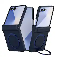Front. Dteck - Magnetic Case for Samsung Galaxy Z Flip 7 with Screen Protector , 360° Rotating Kickstand Shockproof Hinge Cover - Darkblue.