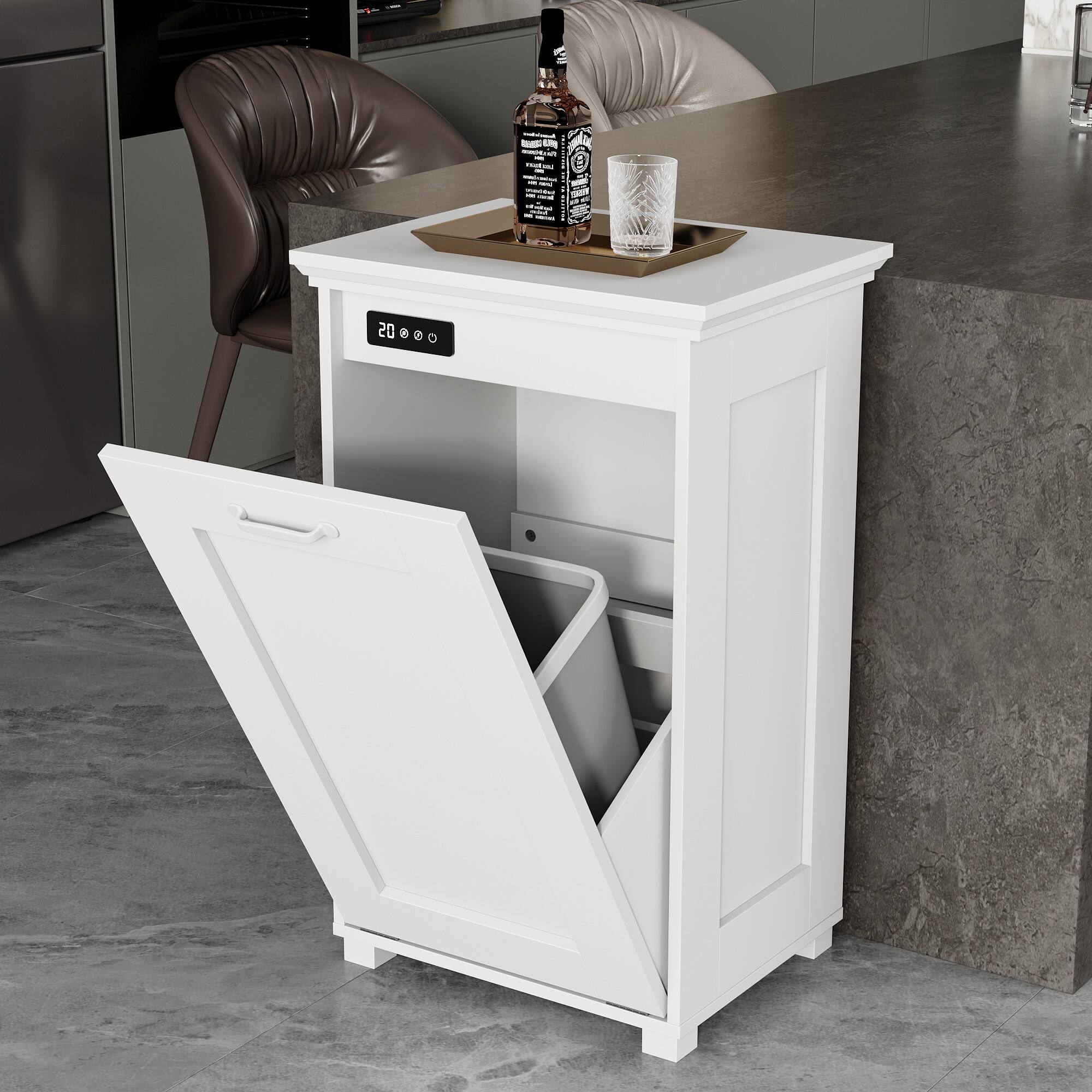 Alt View 5. Famapy - 10 Gallon Tilt-Out Kitchen Trash Cabinet with Ozone Odor Control, Hidden Garbage Bin Storage, Wooden Deodorizing Cabinet - White.