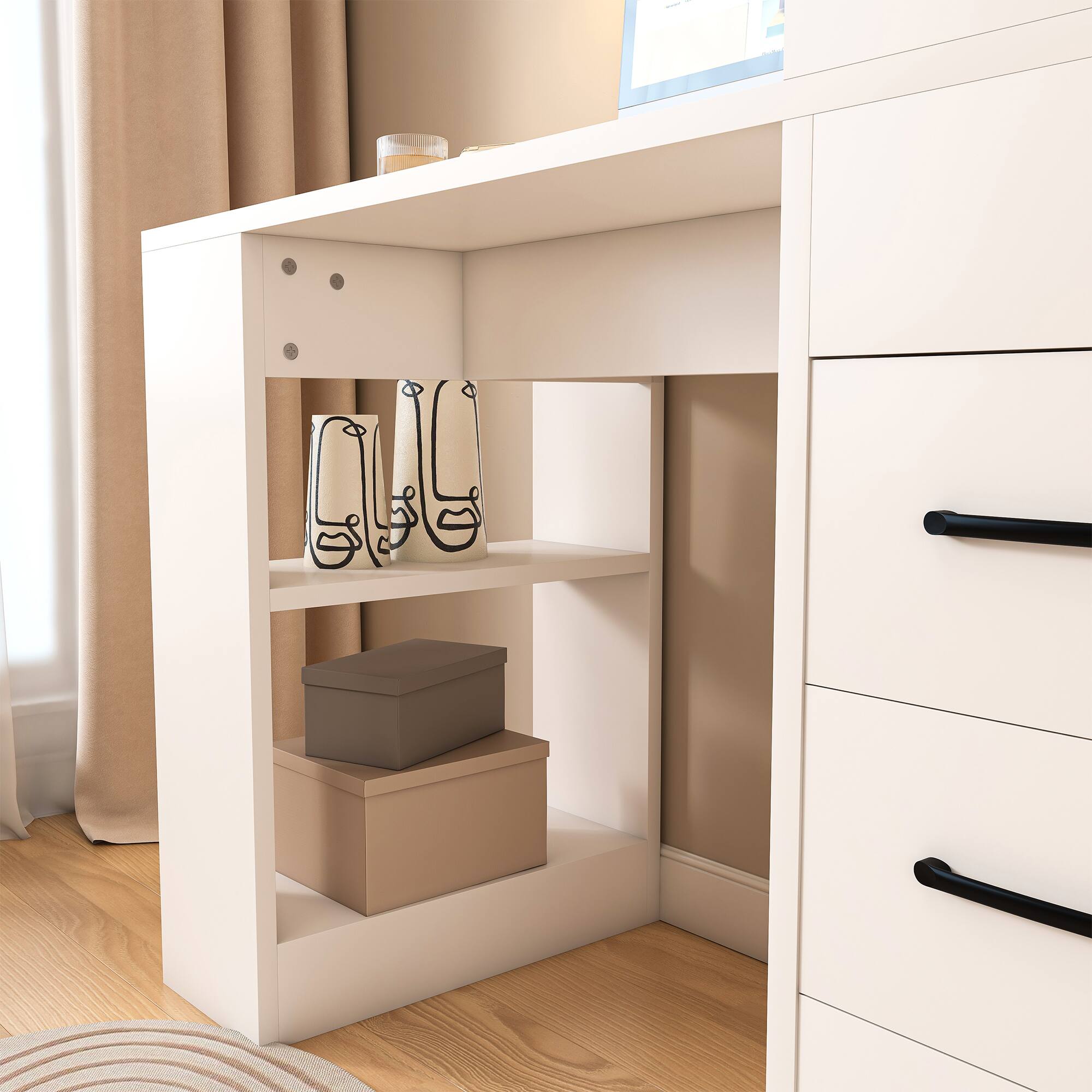 Alt View 2. Tiramisubest - Modern White Computer Desk with 4-in-1 Socket, 3 Slide Drawers and 4 Storage Levels, Suitable for a Variety of Places - White.