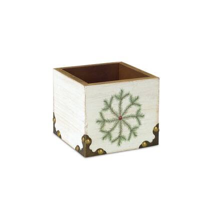 Front. Melrose - Snowflake Christmas Storage Box - 4.5" - White and Green - White.