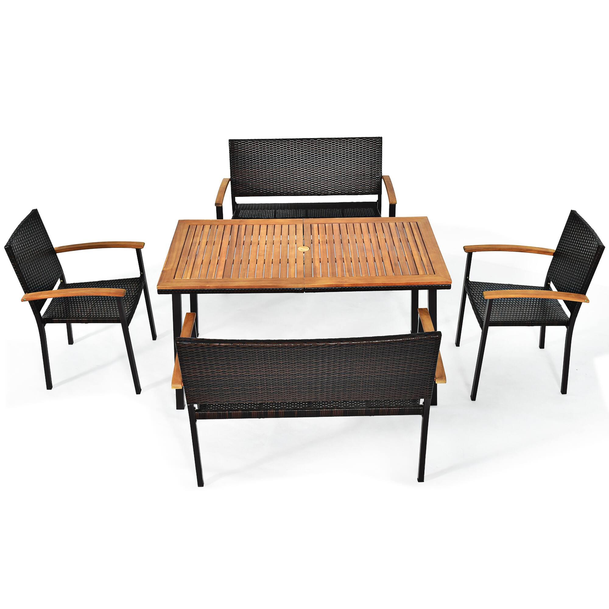 Alt View 8. Gymax - Gymax 5PCS Rattan Outdoor Dining Set Patio Furniture Set w/ Wooden Tabletop - Black.