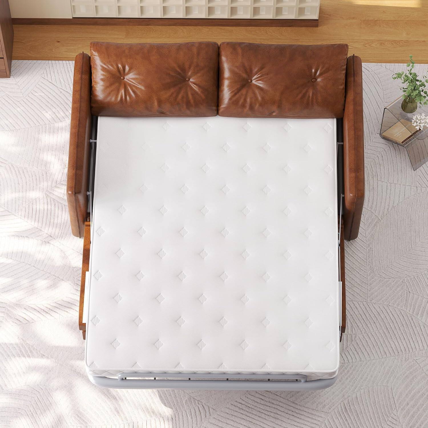 Alt View 1. luck idea - 63" Convertible Sofa Bed, Pull-Out Loveseat with Mattress, Brown PU Leather Couch, Deep Seat Cushion & Metal Frame for R - BROWN.