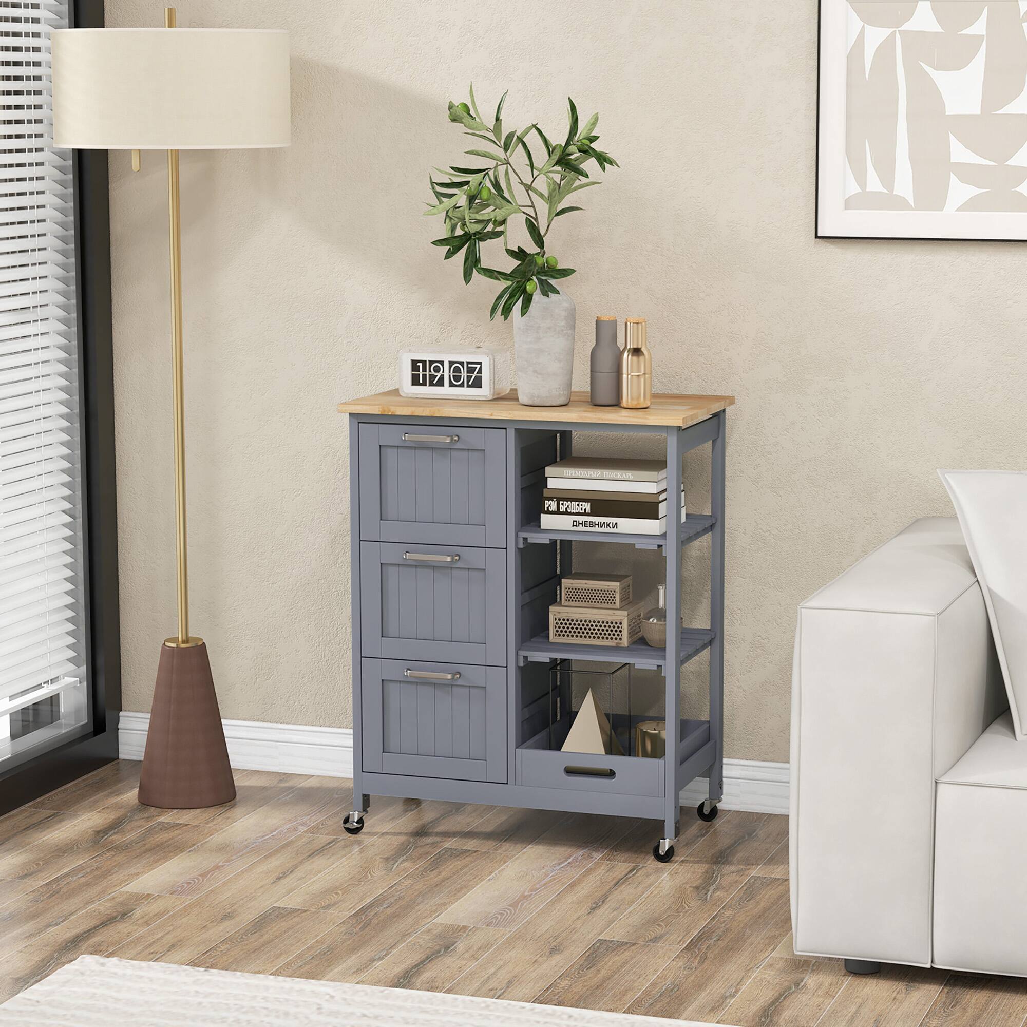 Alt View 3. Gymax - Gymax Rolling Kitchen Island Utility Storage Cart w/ 3 Storage Drawers & Shelves Grey - Gray.