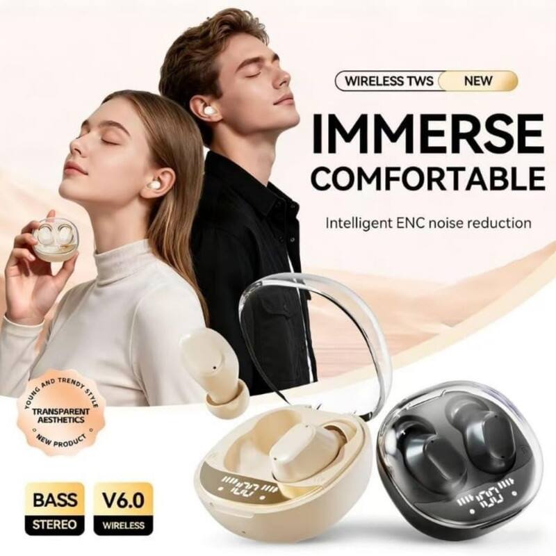 WIRELESS TWS  
NEW  
IMMERSE COMFORTABLE  
Intelligent ENC noise reduction  
AND TRENDY YOUNG STYLE  
TRANSPARENT AESTHETICS  
NEW PRODUCT  
BASS V6.0 STEREO WIRELESS