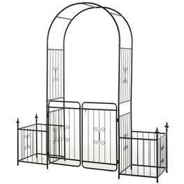 Outsunny - 86" Garden Arch Arbor, Metal Arch Trellis with Gate and Planter Baskets, Garden Archway for Climbing Vines - Black
