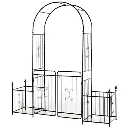 Front. Outsunny - 86" Garden Arch Arbor, Metal Arch Trellis with Gate and Planter Baskets, Garden Archway for Climbing Vines - Black.