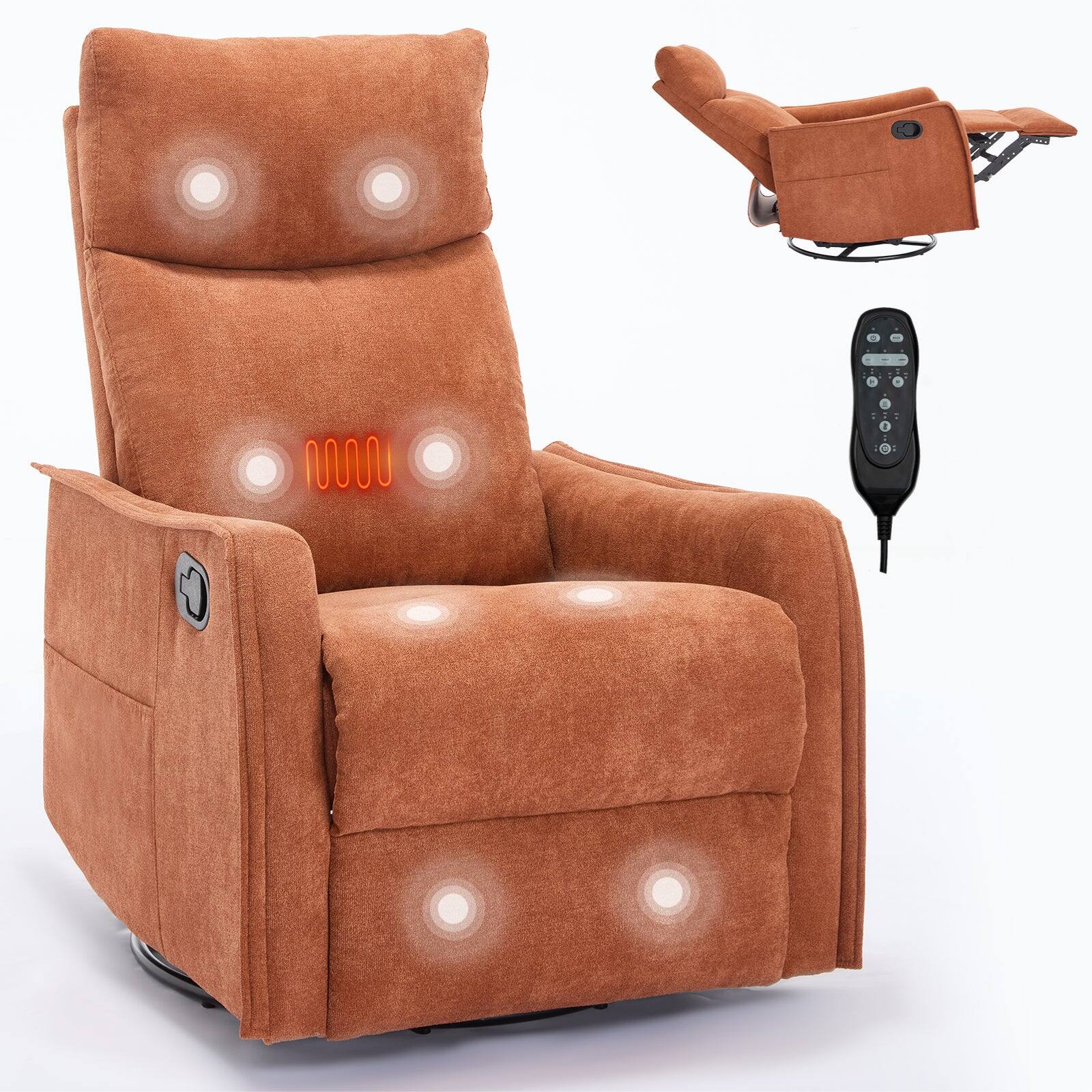 Front. Boyel Living - Orange Chenille Heat Massage Manual Recliner Chair with Rocker and Swivel in Fabric for Living Room - Orange.