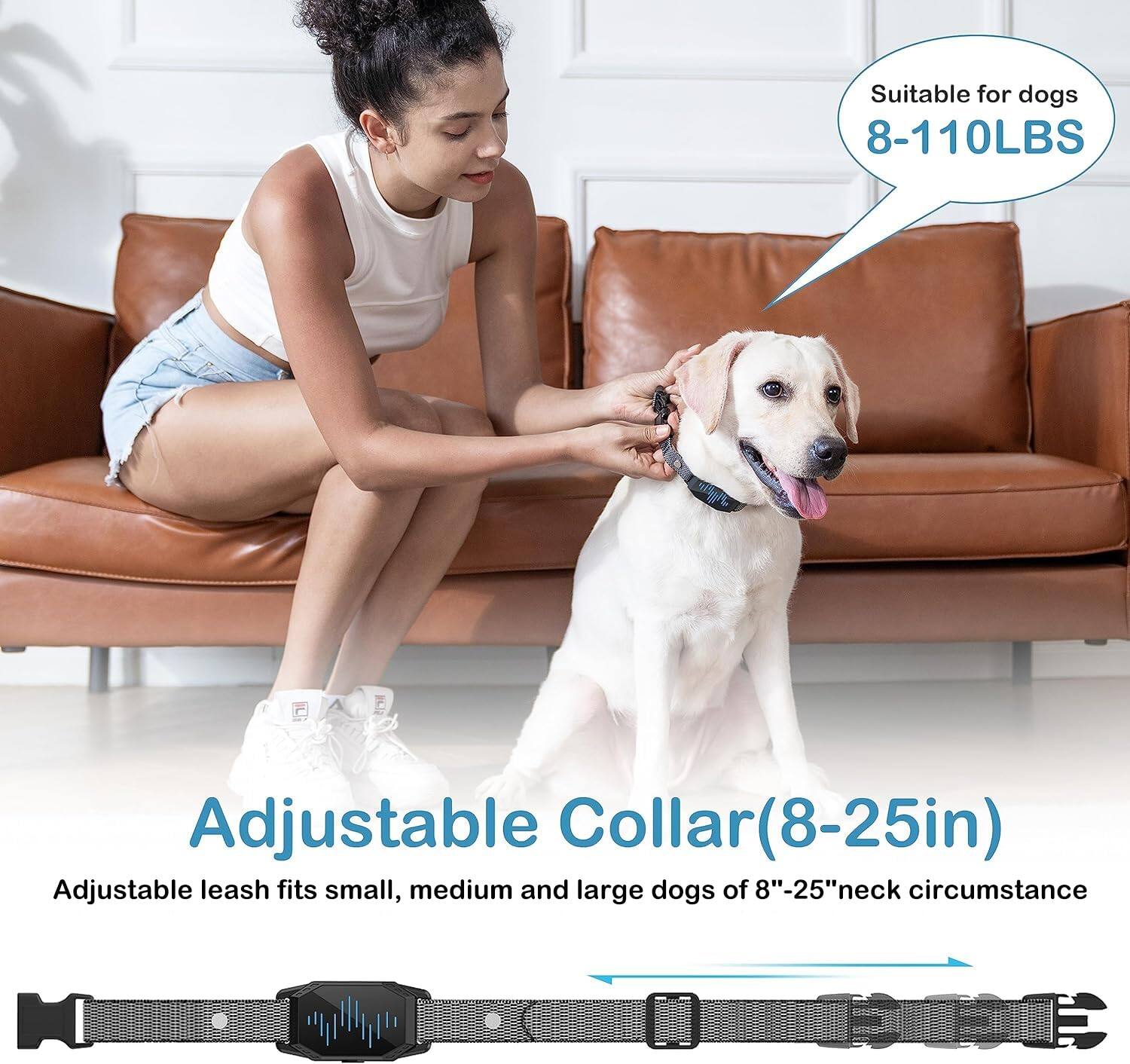 Suitable for dogs 8-110LBS

Adjustable Collar (8-25in)

Adjustable leash fits small, medium and large dogs of 8"-25" neck circumference