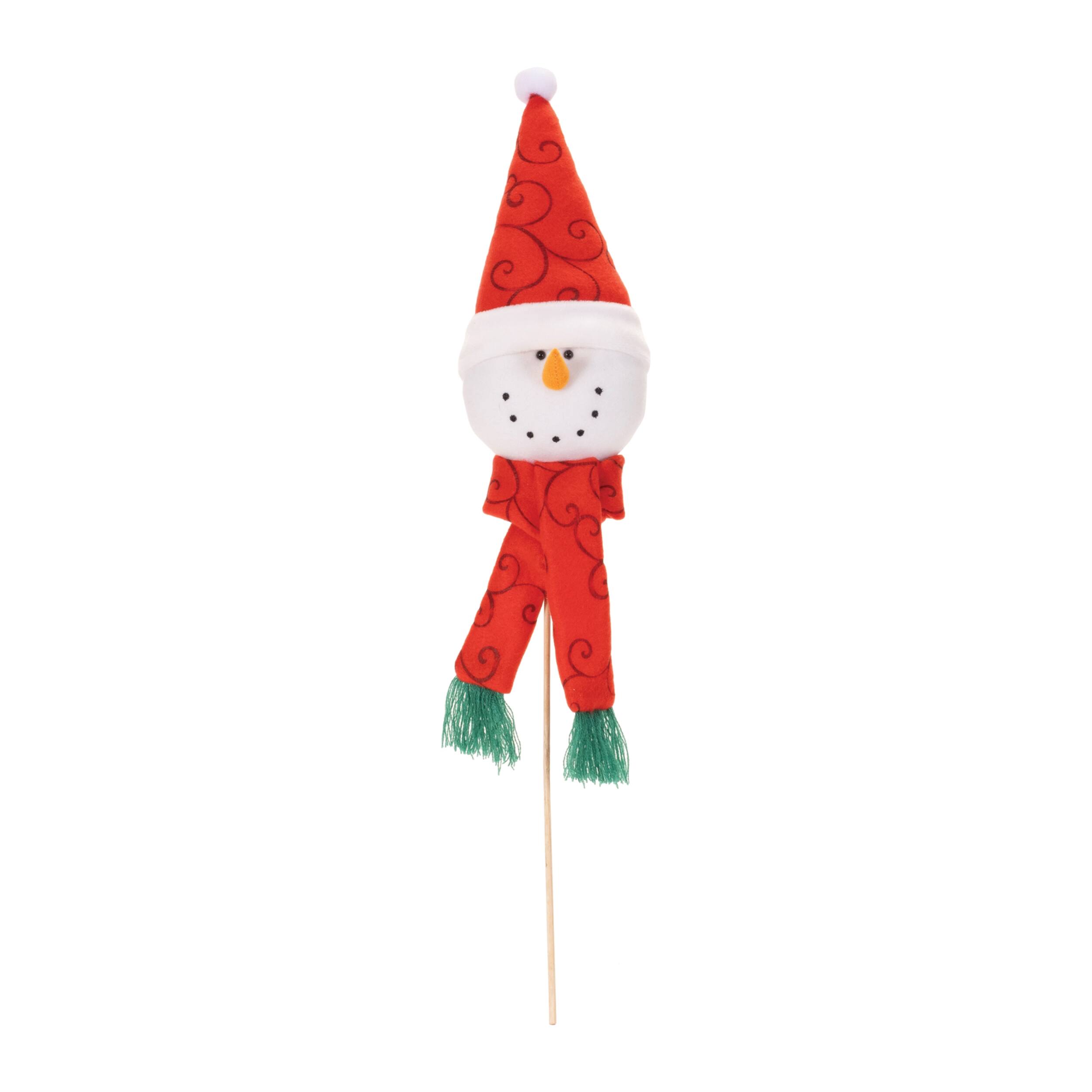 Angle. BreeBe - Plush Snowman Head Pick (Set of 6) - Red, White, Green.