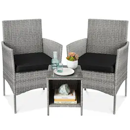 Best Choice Products - 3-Piece Outdoor Wicker Conversation Patio Bistro Set, w/ 2 Chairs, Table - Gray/Black