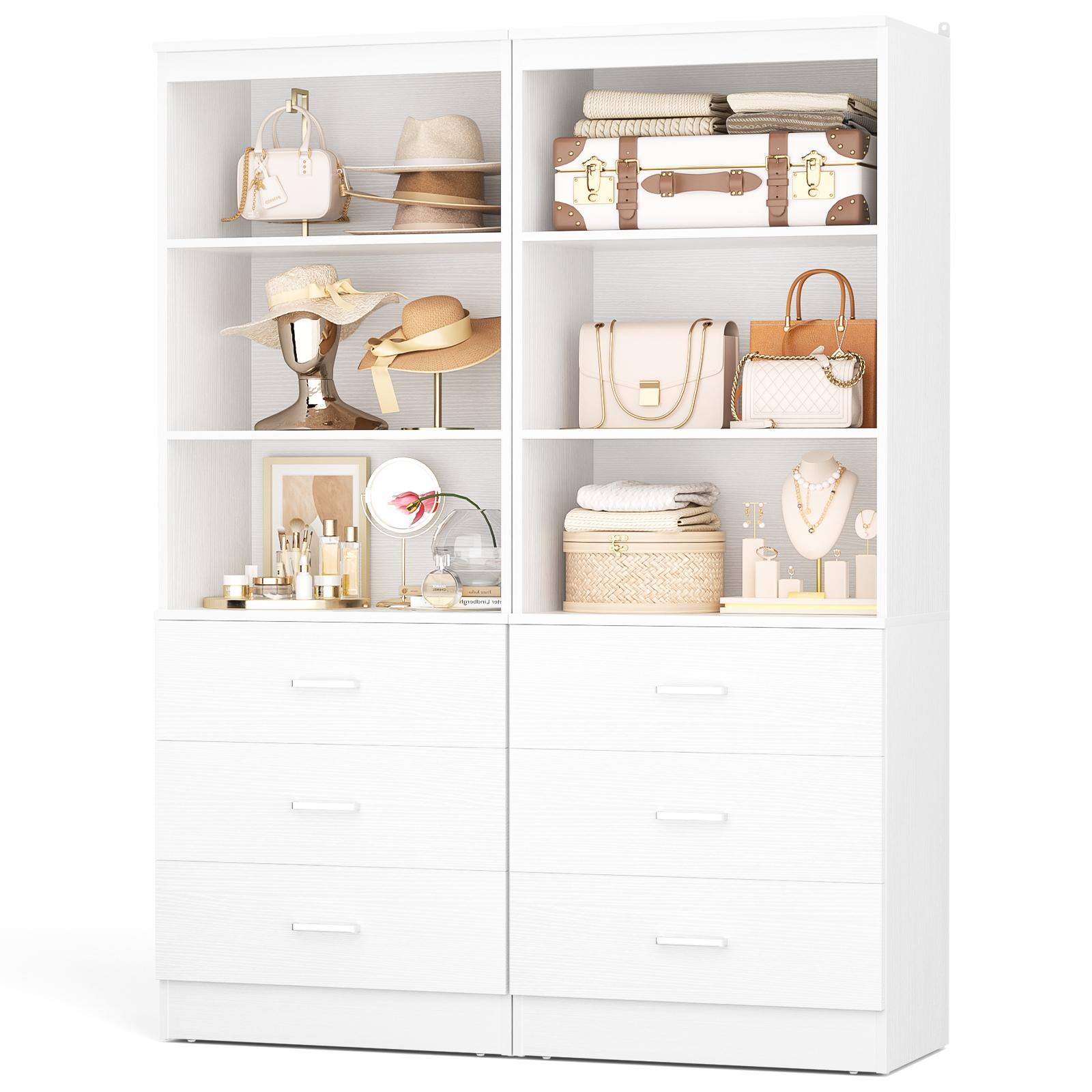 Angle. Aheaplus - 71'' Tall Pantry Cabinet, Freestanding Kitchen Storage Cabinet with 3 Drawers and Shelves, 2 Pack - White.