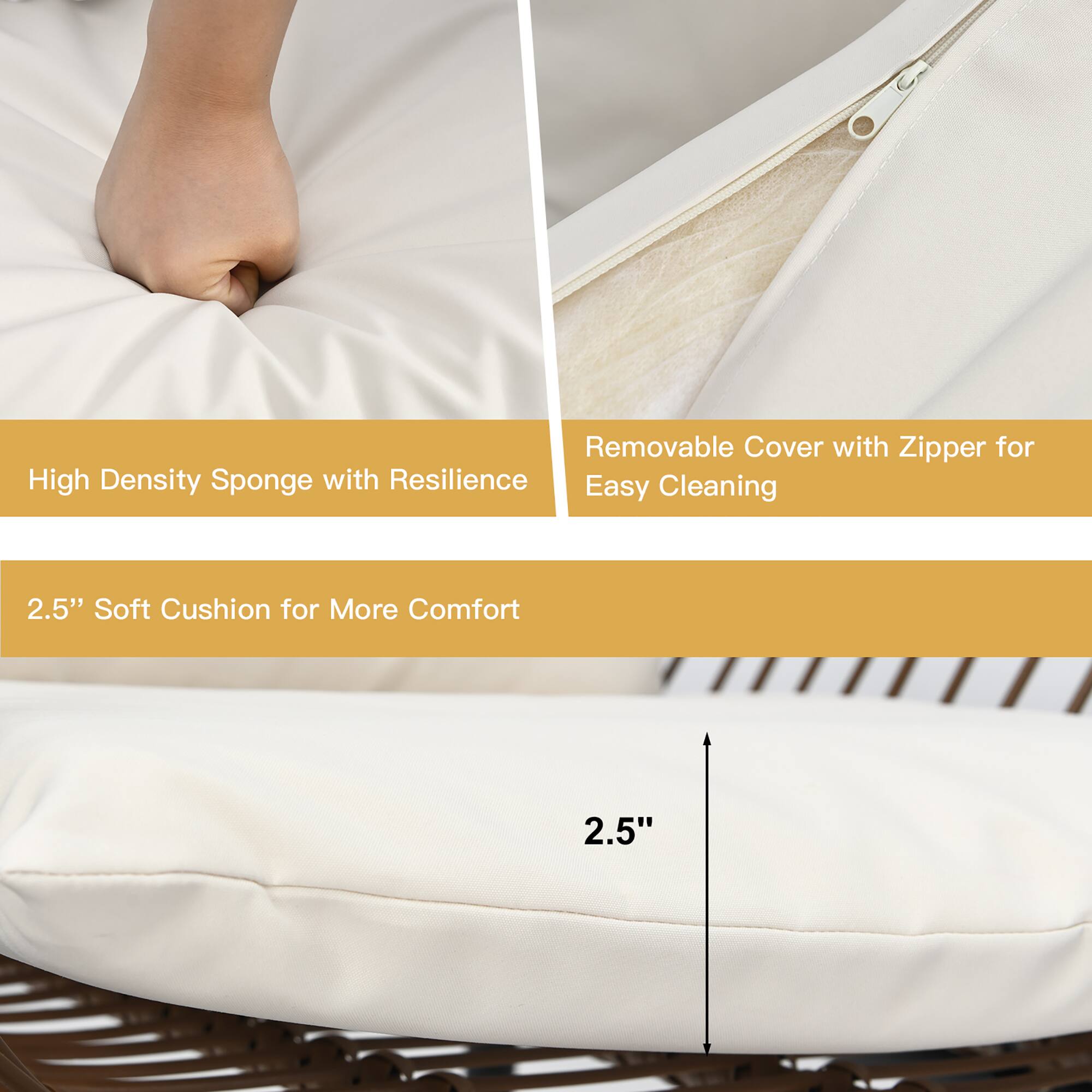 Removable Cover with Zipper for Easy Cleaning, High Density Sponge with Resilience, 2.5" Soft Cushion for More Comfort, 2.5"