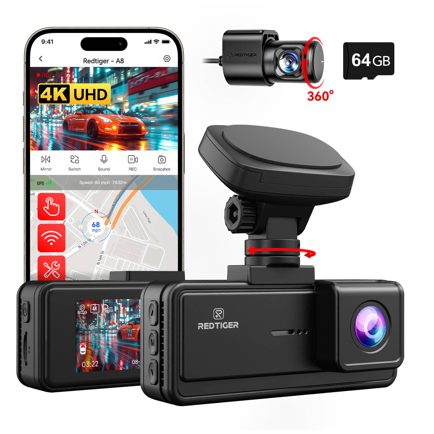 Redtiger - A8  
64 GB  
4K UHD  
360°  
Mirror  
Switch  
Sound  
REC  
Snapshot  
GPS  
Speed: 68 mph 7832m  
03:22  
08-