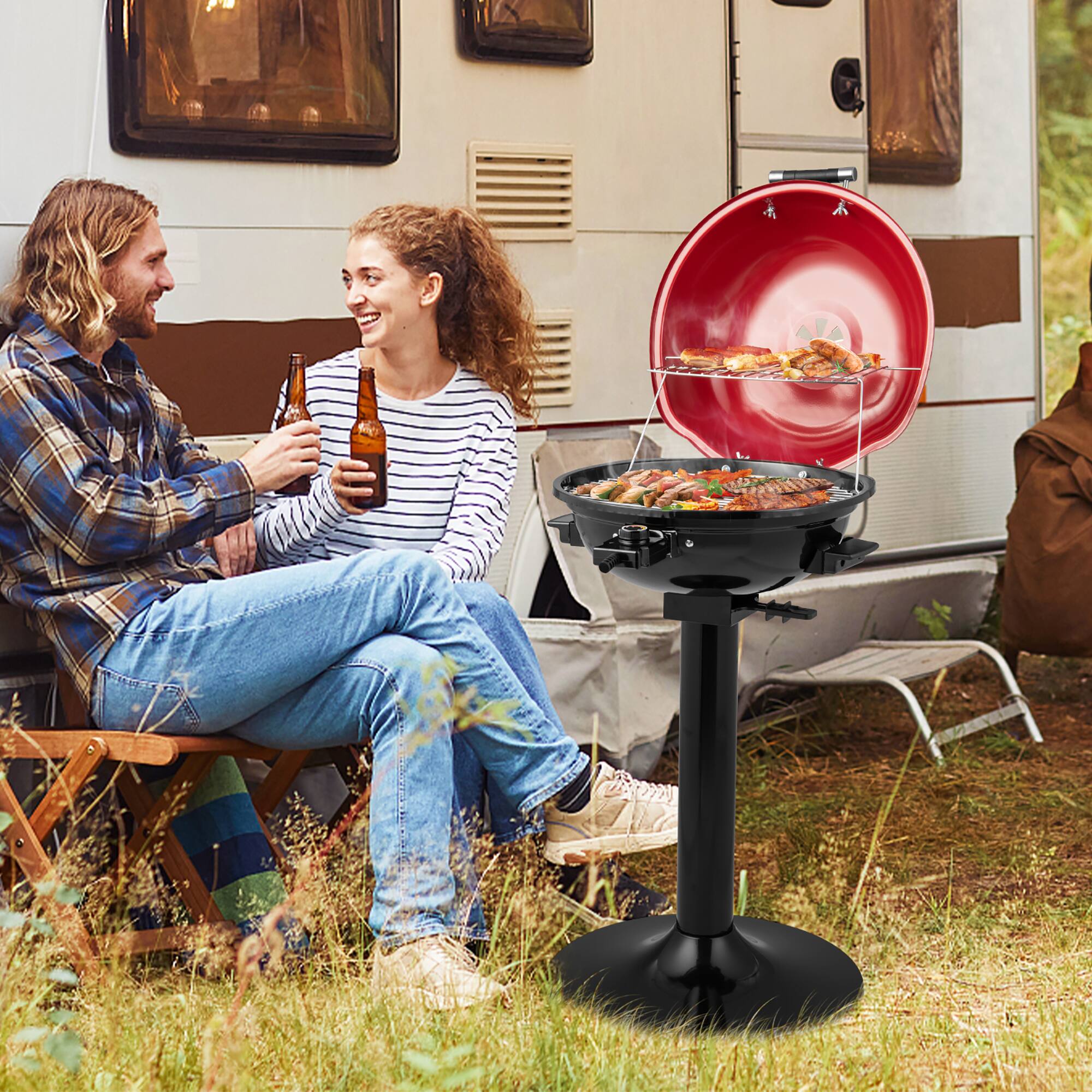 Alt View 5. Costway - Outdoor 1600W Electric BBQ Grill with Warming Rack, Temperature Control & Grease Collector Red - Red.