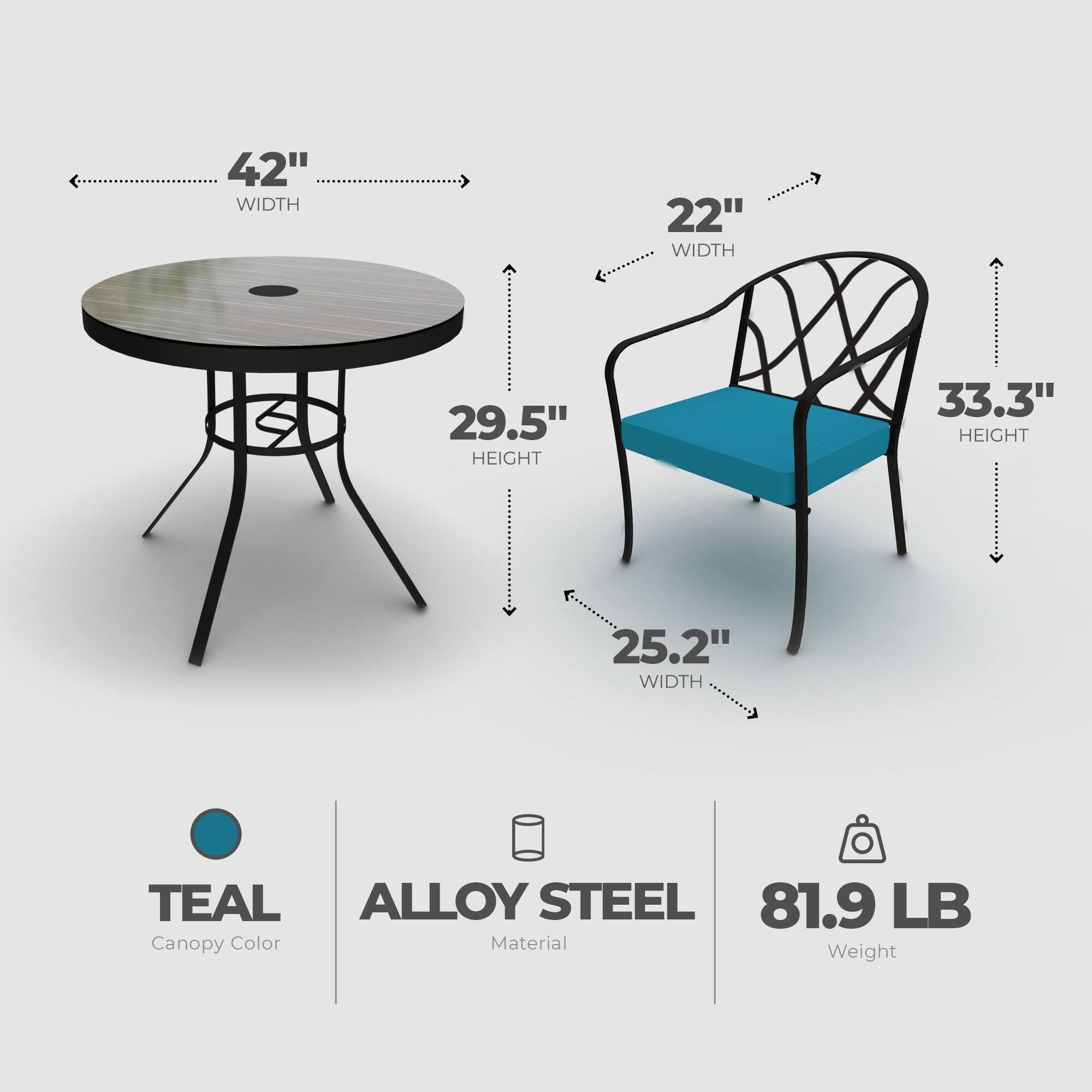 - **Table:**
  - Width: 42"
  - Height: 29.5"

- **Chair:**
  - Width: 22"
  - Height: 33.3"
  - Seat Width: 25.2"

- **Details:**
  - Canopy Color: Teal
  - Material: Alloy Steel
  - Weight: 81.9 lb